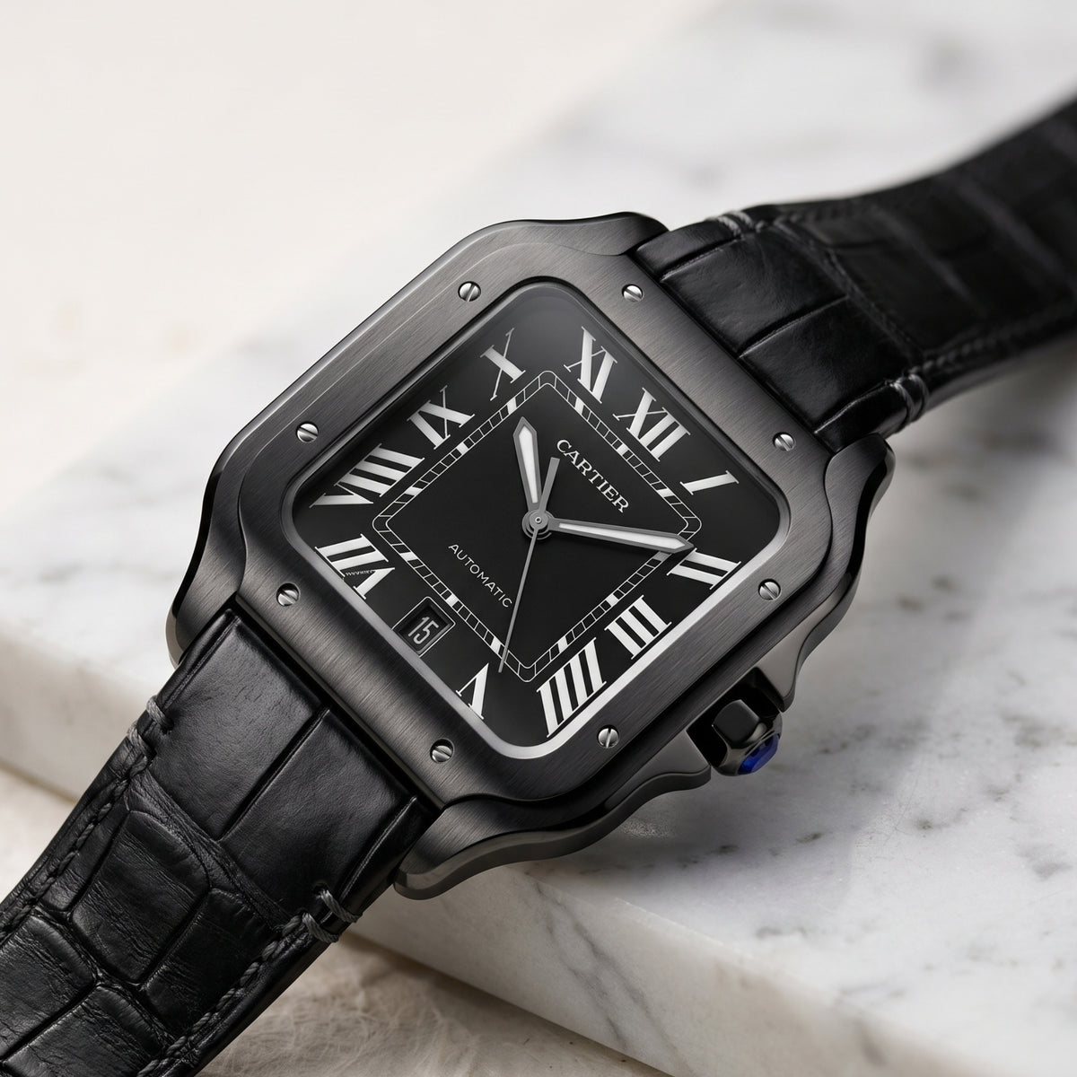Cinturino in pelle per Cartier Santos Medio/Grande – Nero – Sgancio rapido/Quick Switch