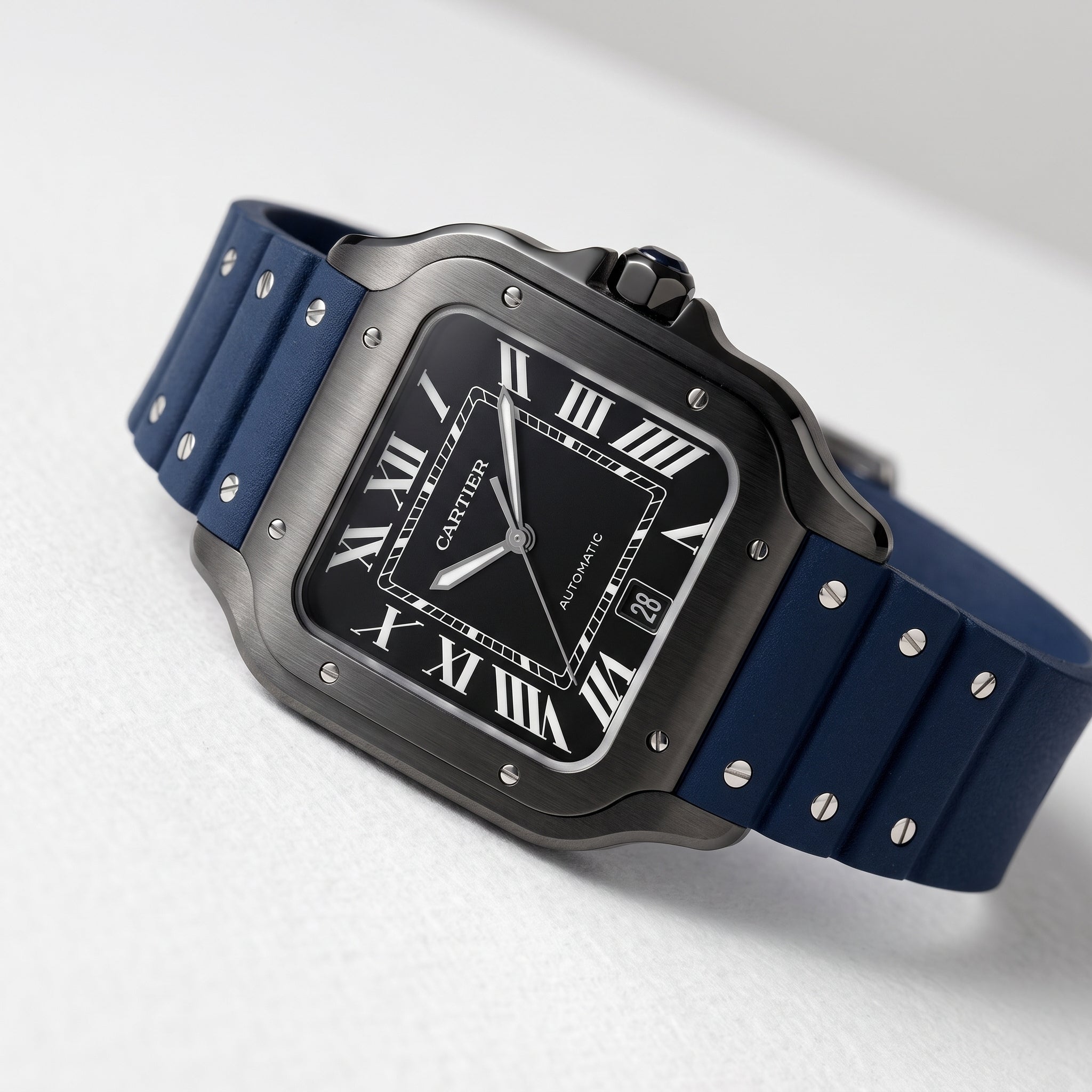 Cinturino in caucciù per Cartier Santos Medium/Large – Blu scuro con viti – Quick Switch/Release