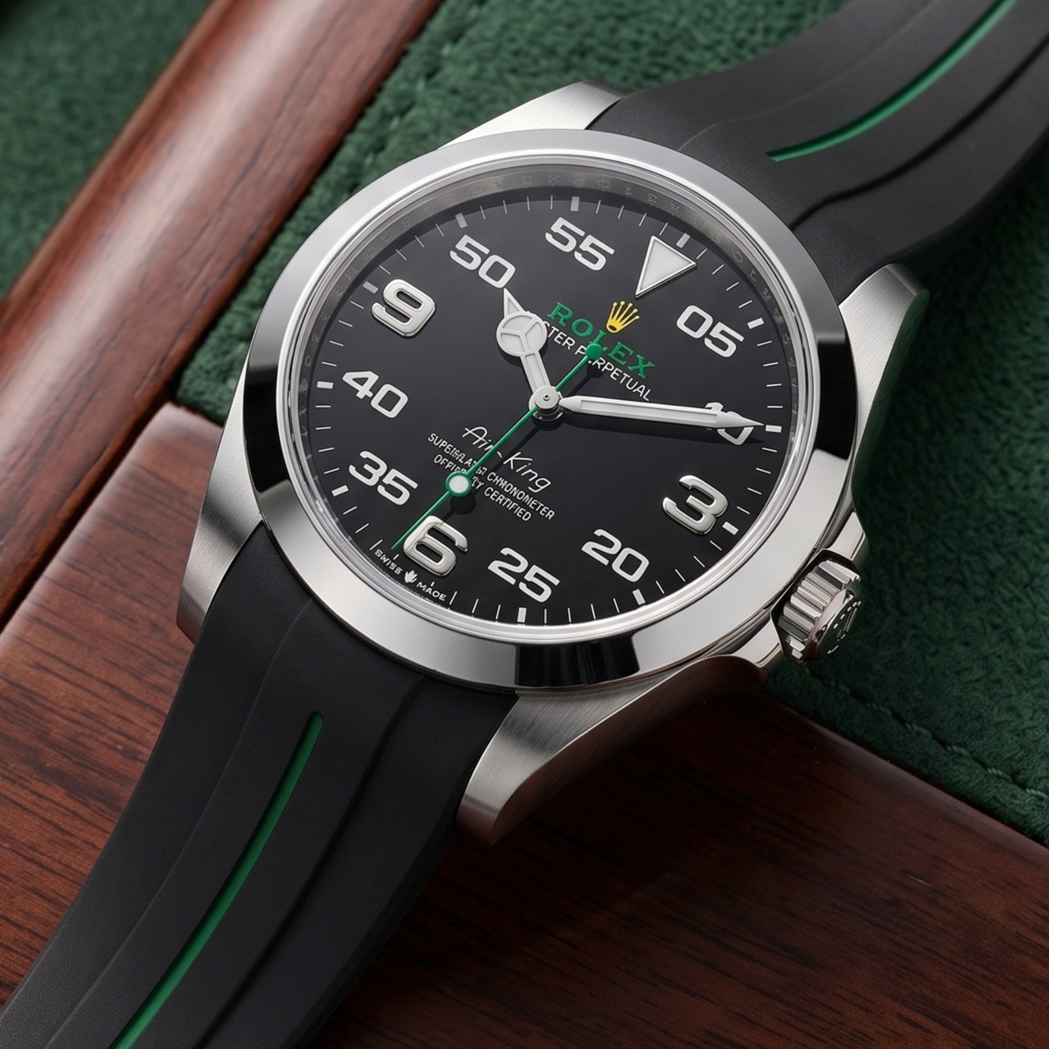 Faltschließe Kautschukarmband für Rolex Air-King 126900/116900 – Schwarz/Grün | LuxLine® - Helvetus