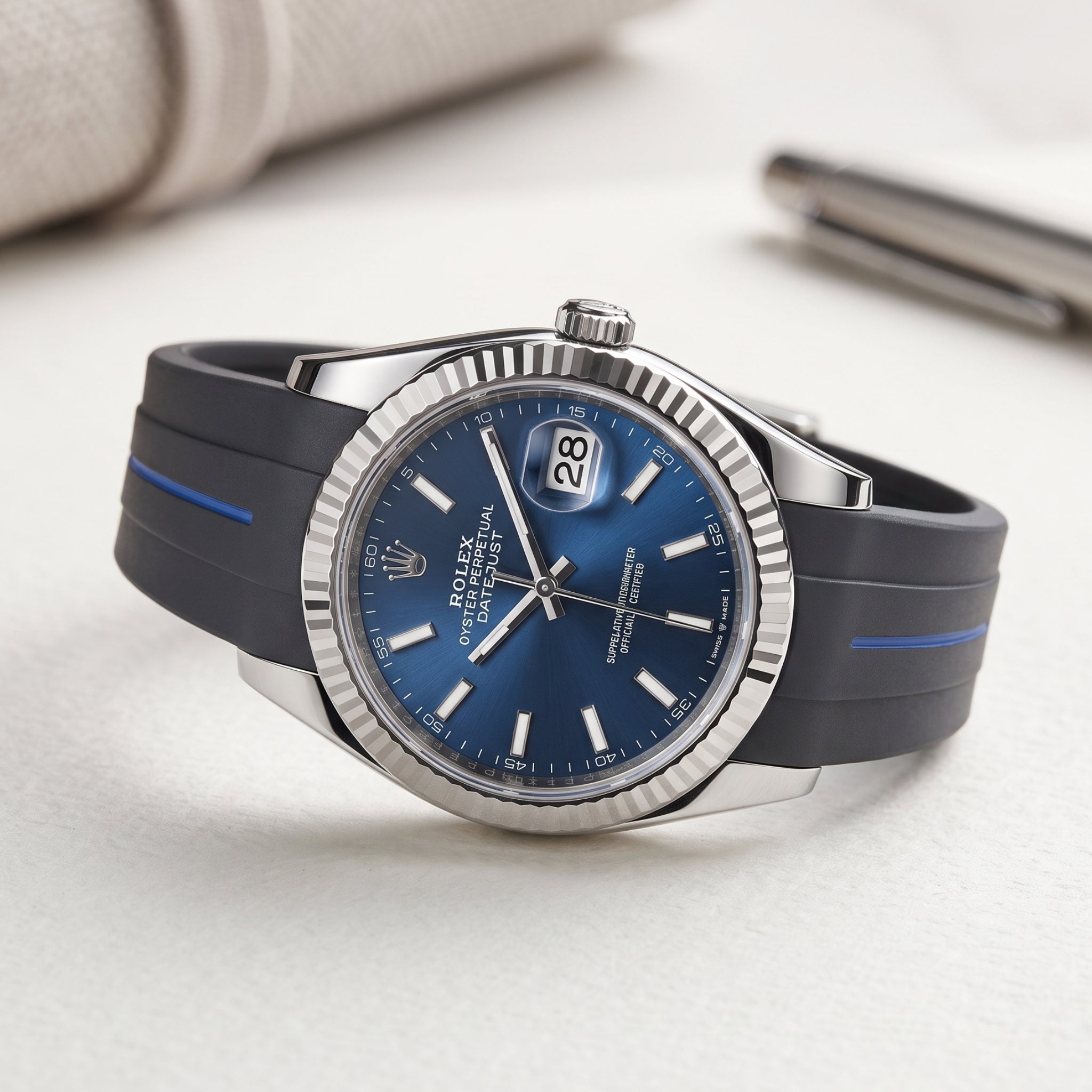 Faltschließe Kautschukarmband für Rolex Datejust 36 – LuxLine® - Schwarz/Blau - Helvetus