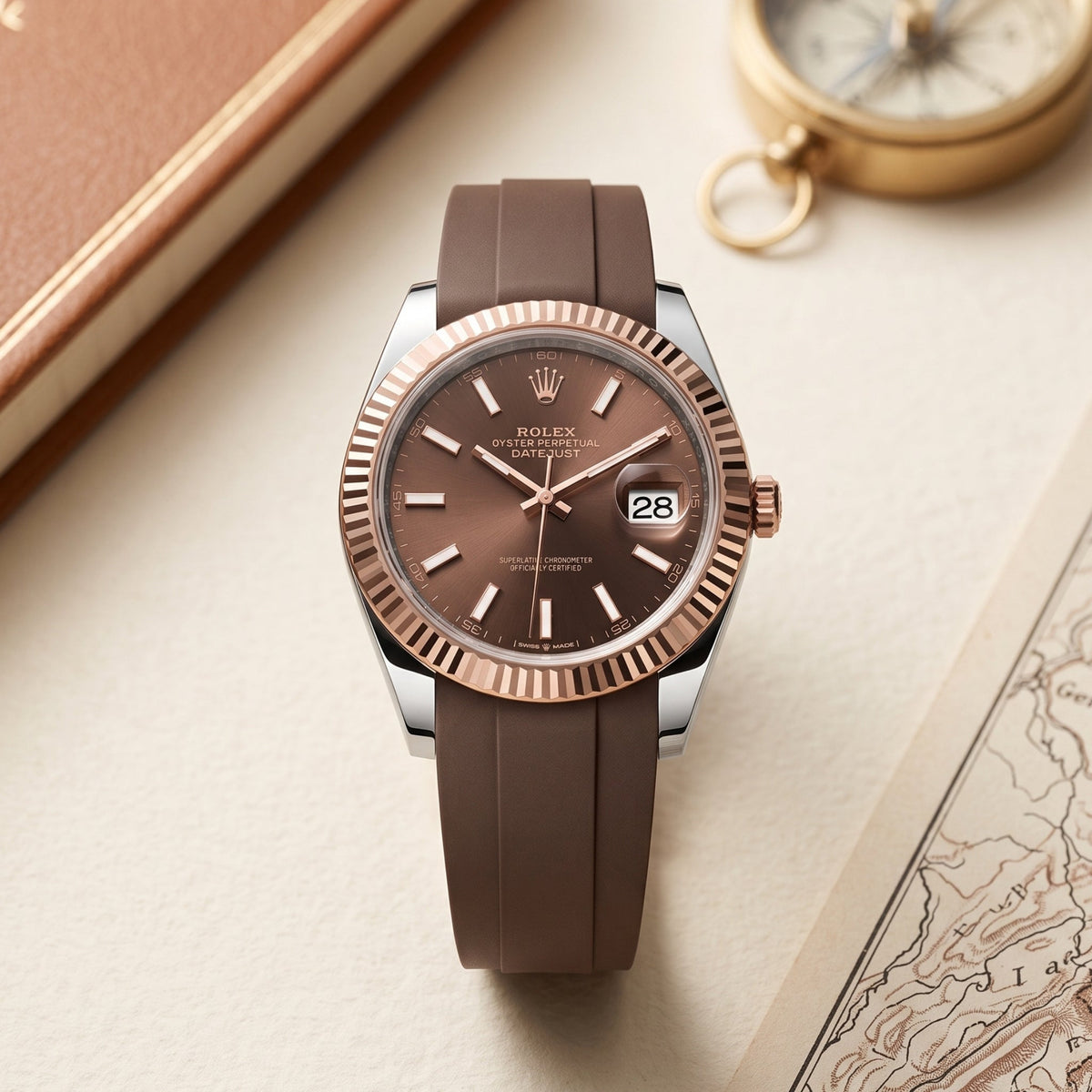 Faltschließe Kautschukarmband für Rolex Datejust 41mm – Braun - Helvetus