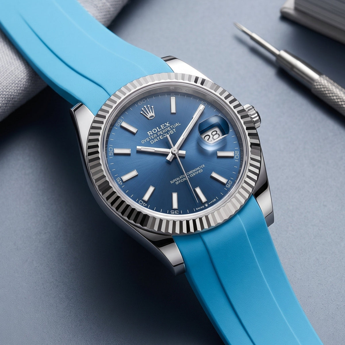 Faltschließe Kautschukarmband für Rolex Datejust 41mm – Hell Blau - Helvetus