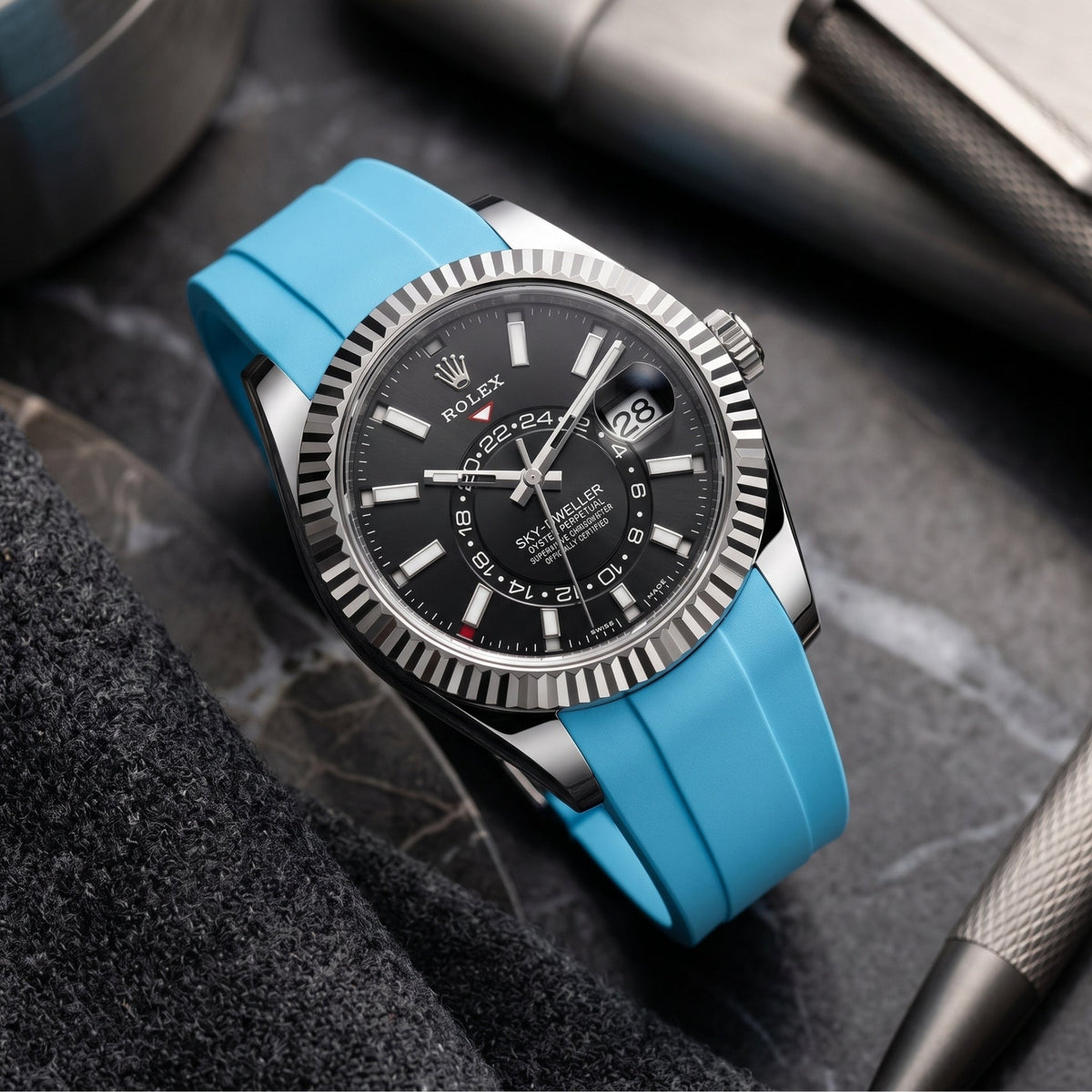 Faltschliesse Kautschukarmband für Rolex Sky-Dweller – Hell Blau - Helvetus