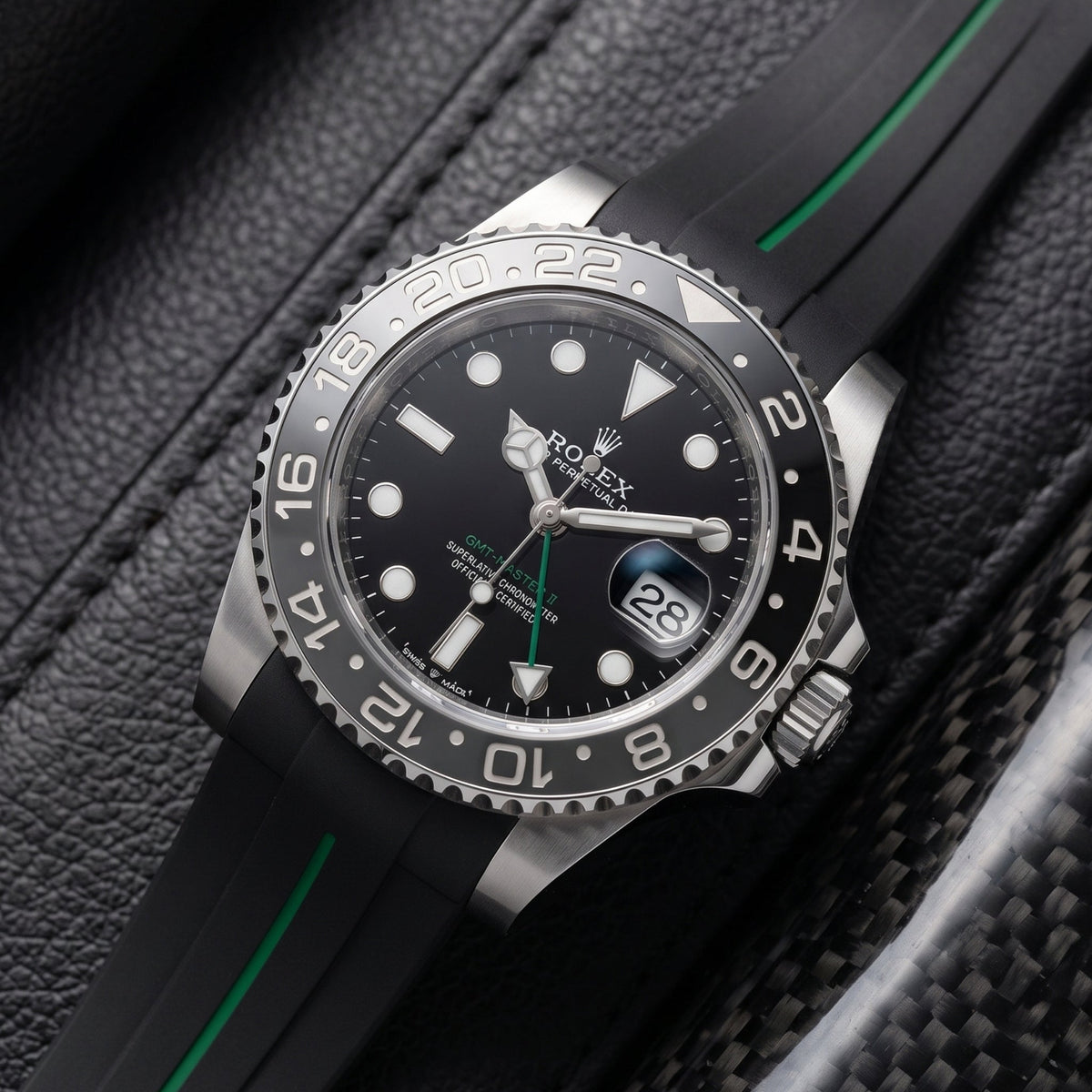 Faltschliessen Kautschukarmband für Rolex GMT-Master II in Schwarz mit Grüner Linie | LuxLine® - Helvetus