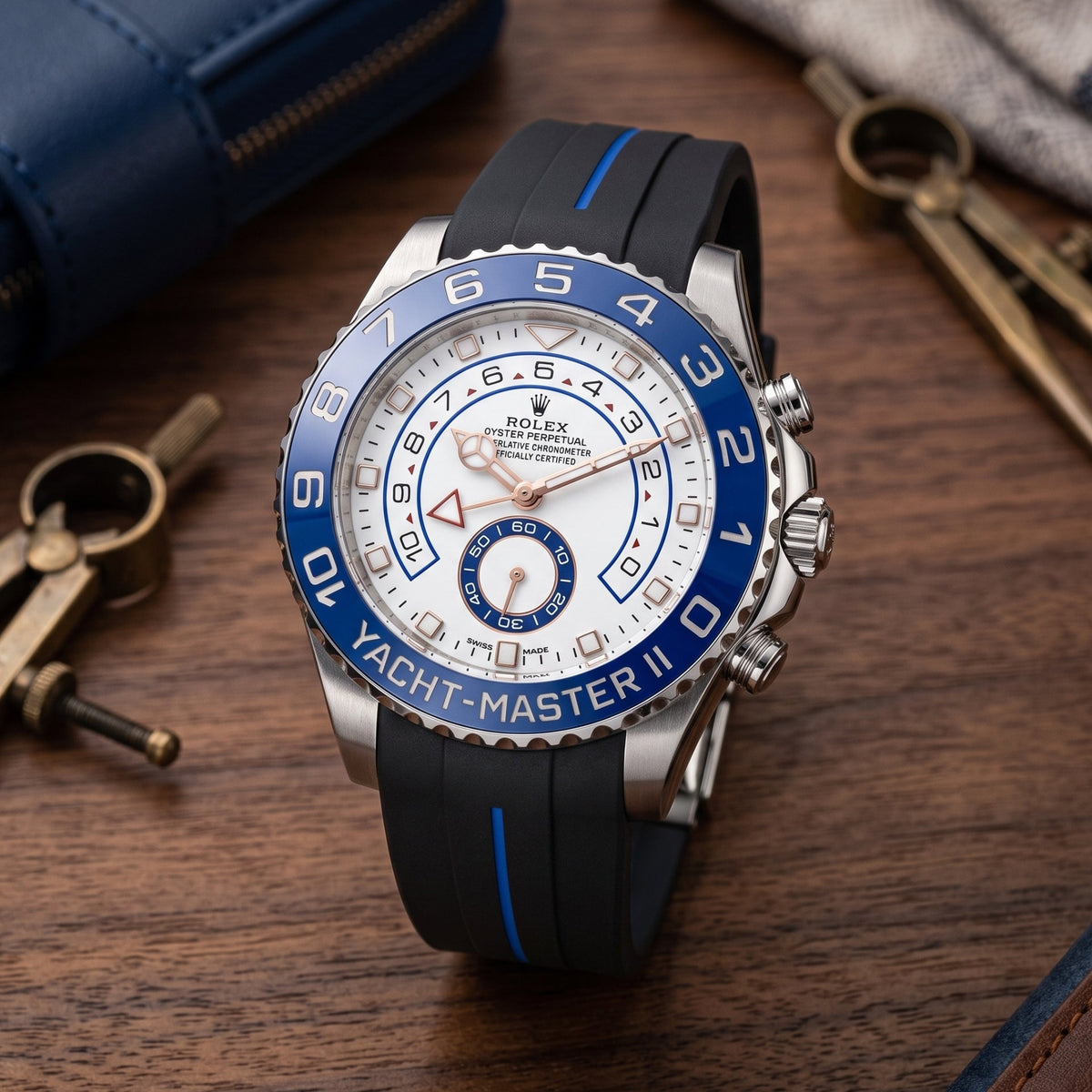 Faltschliessen Kautschukarmband für Rolex Yacht-Master II 44mm - Schwarz/Blau Linie | LuxLine® - Helvetus