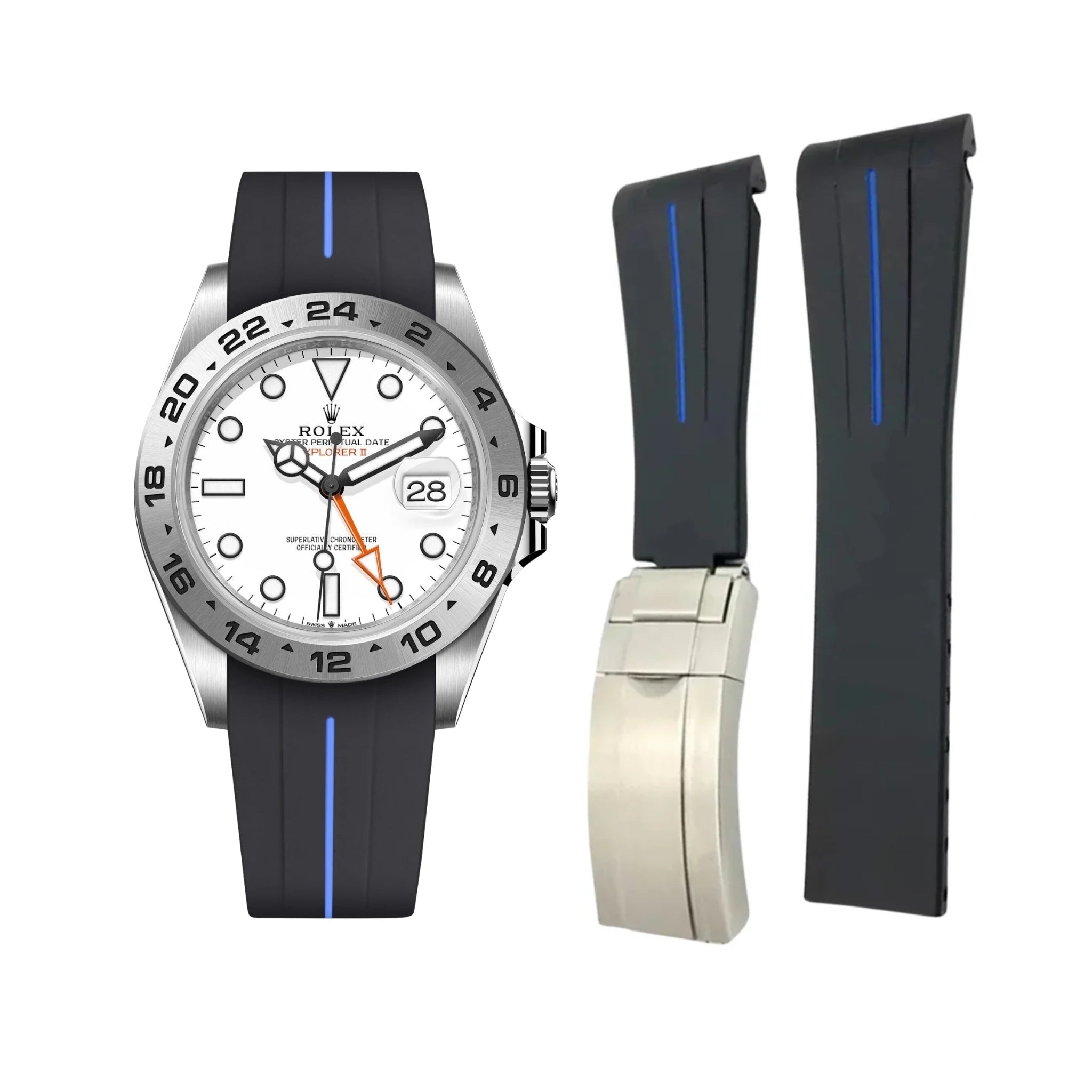 Faltschliessen Kautschukarmband für Rolex Explorer II – Schwarz/Blau Linie | LuxLine® - Helvetus DE