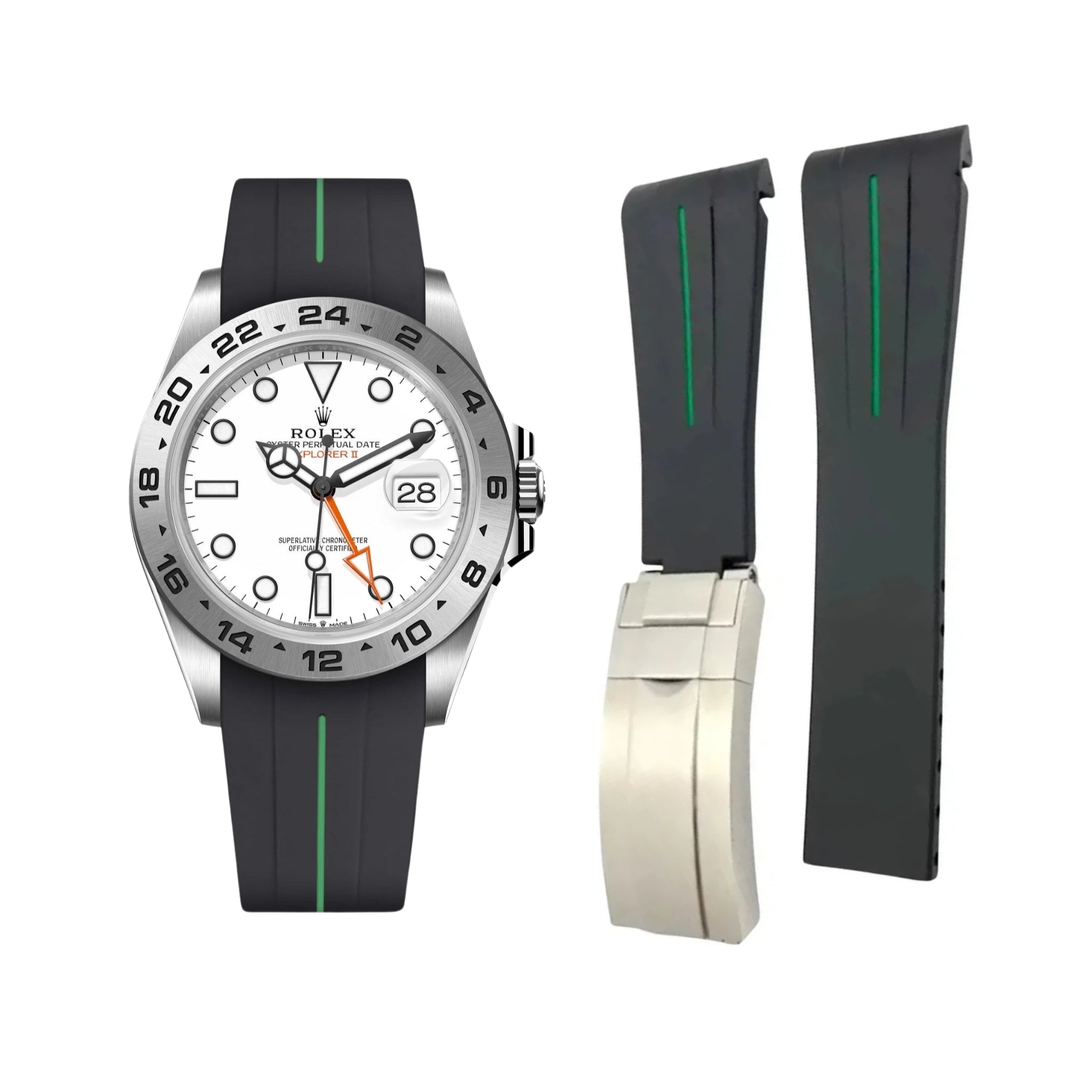 Faltschliessen Kautschukarmband für Rolex Explorer II – Schwarz/Grün Linie | LuxLine® - Helvetus DE