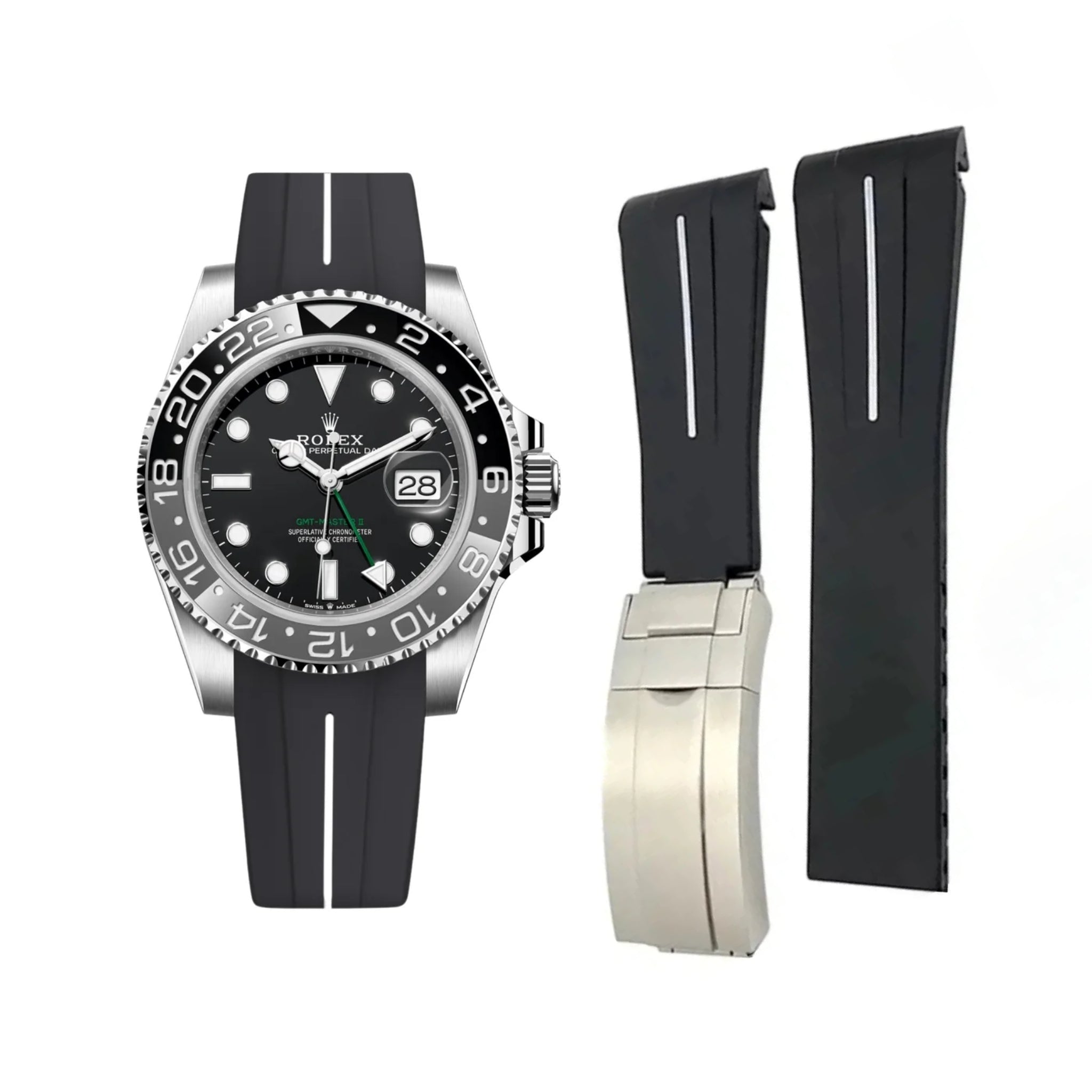 Faltschliessen Kautschukarmband für Rolex GMT - Master II in Schwarz mit Weisser Linie | LuxLine® - Helvetus DE