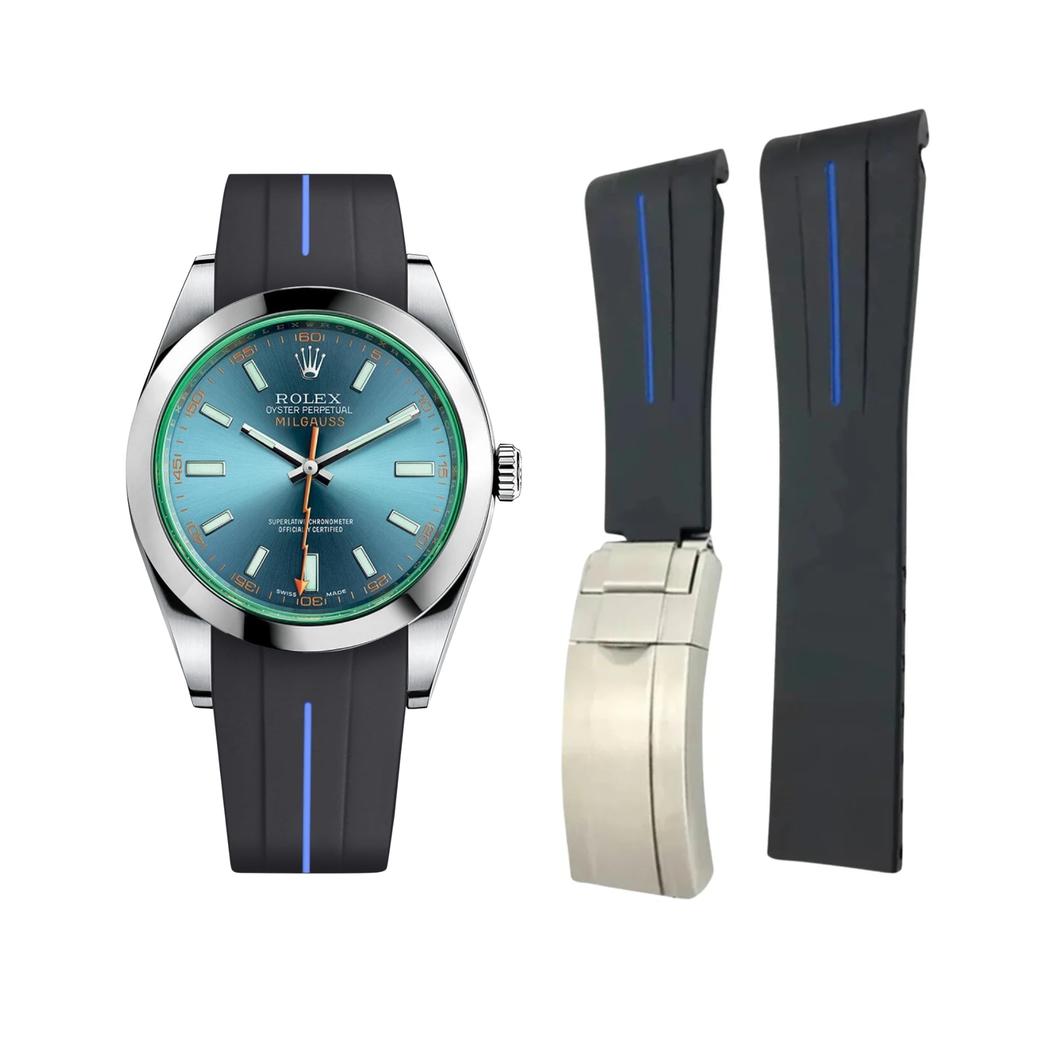Faltschliessen Kautschukarmband für Rolex Milgauss – LuxLine® - Schwarz/Blau - Helvetus DE