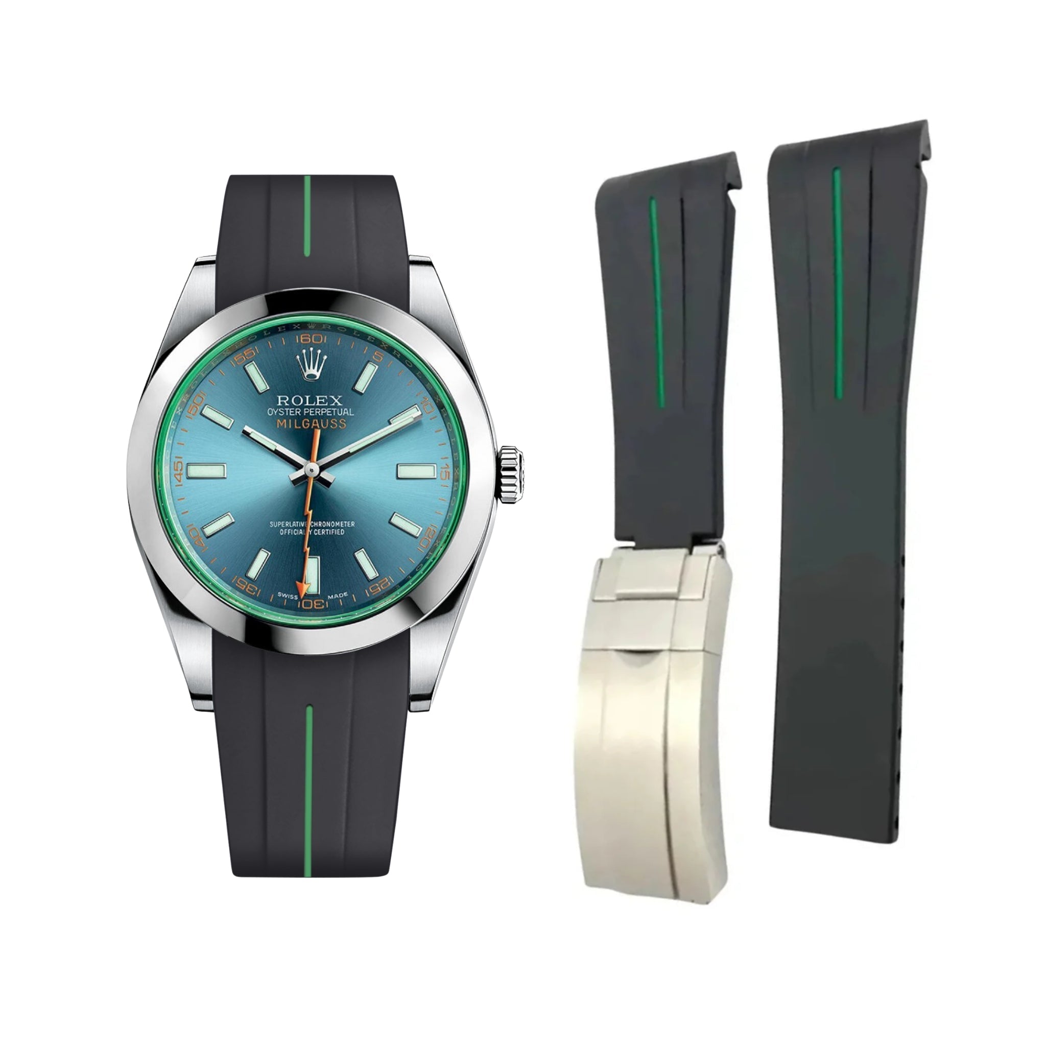 Faltschliessen Kautschukarmband für Rolex Milgauss – LuxLine® - Schwarz/Grün - Helvetus DE
