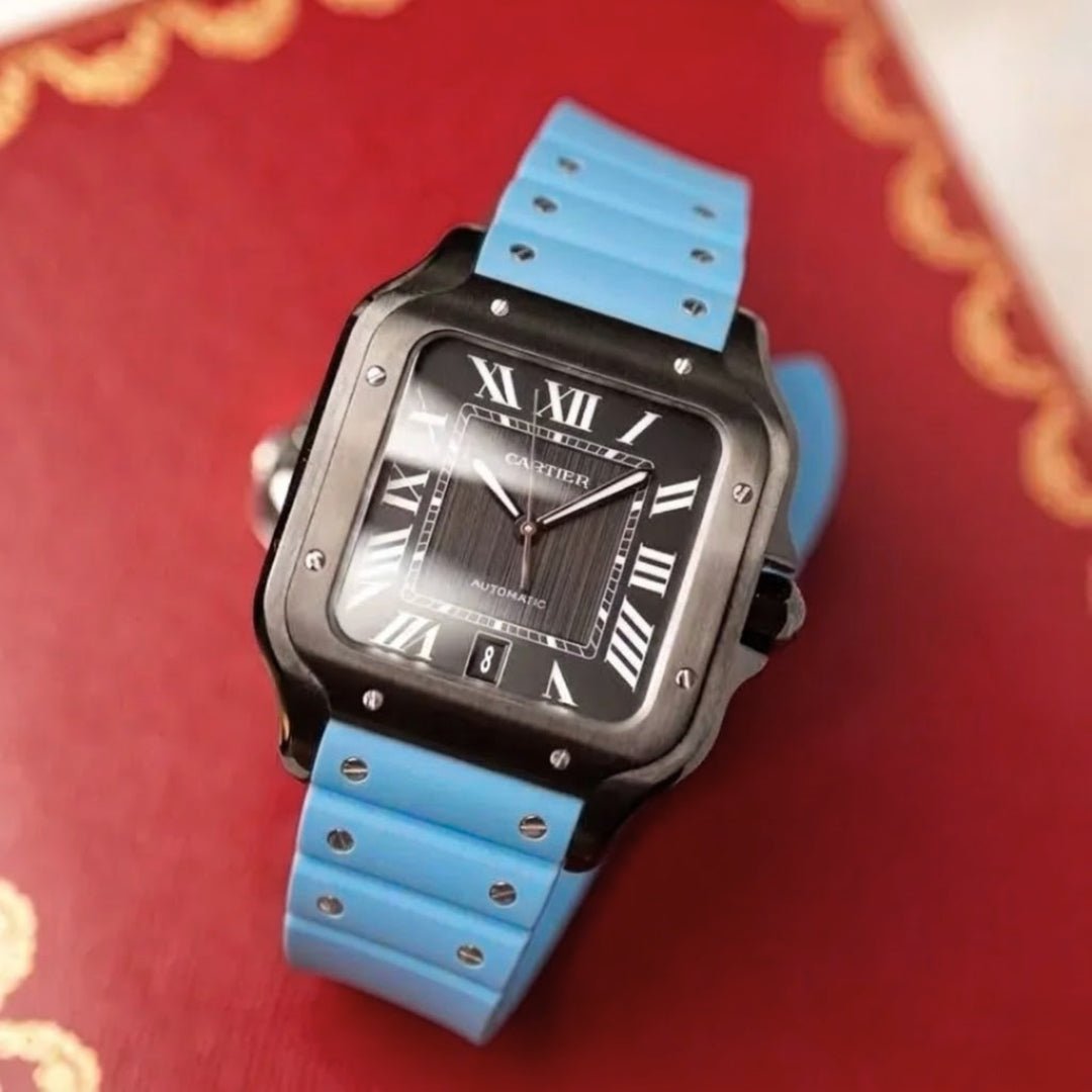 Kautschuk Armband für Cartier Santos Medium/Large – Hellblau mit Schrauben – Quick Switch/Release - Helvetus DE