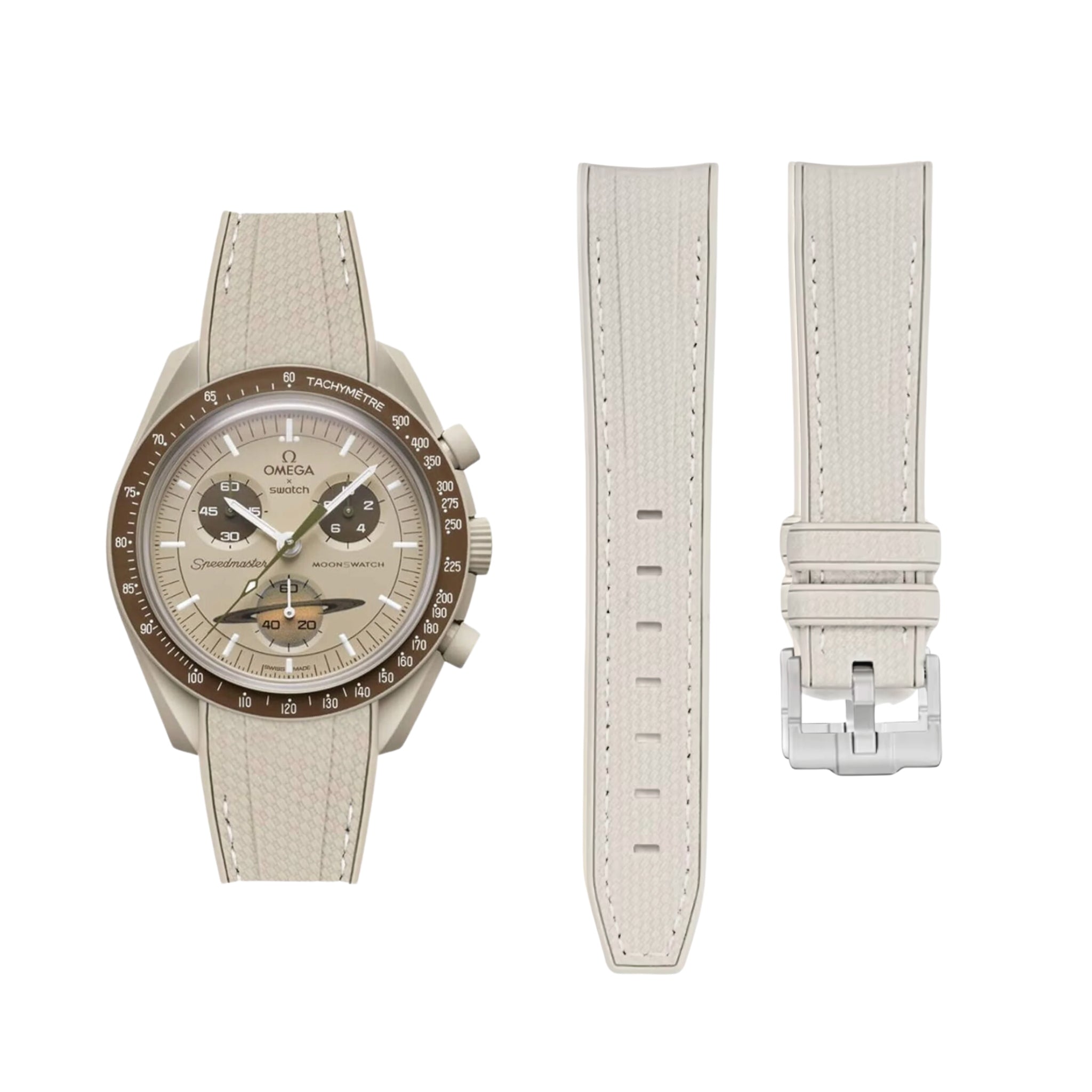 Kautschukarmband – Für Mission to Saturn | Omega X Swatch | MoonSwatch – Beige mit Weiß - Helvetus DE