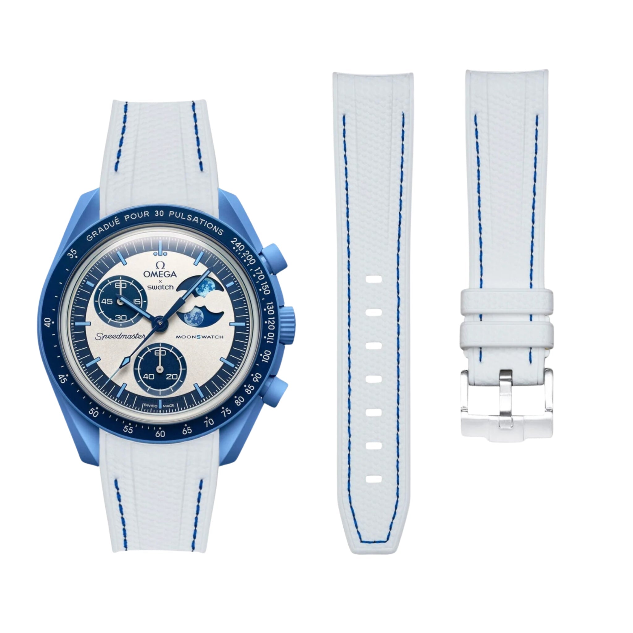 Kautschukarmband – Für Mission to the Super Blue Moonphase | MoonSwatch – Weiß mit Blau - Helvetus DE