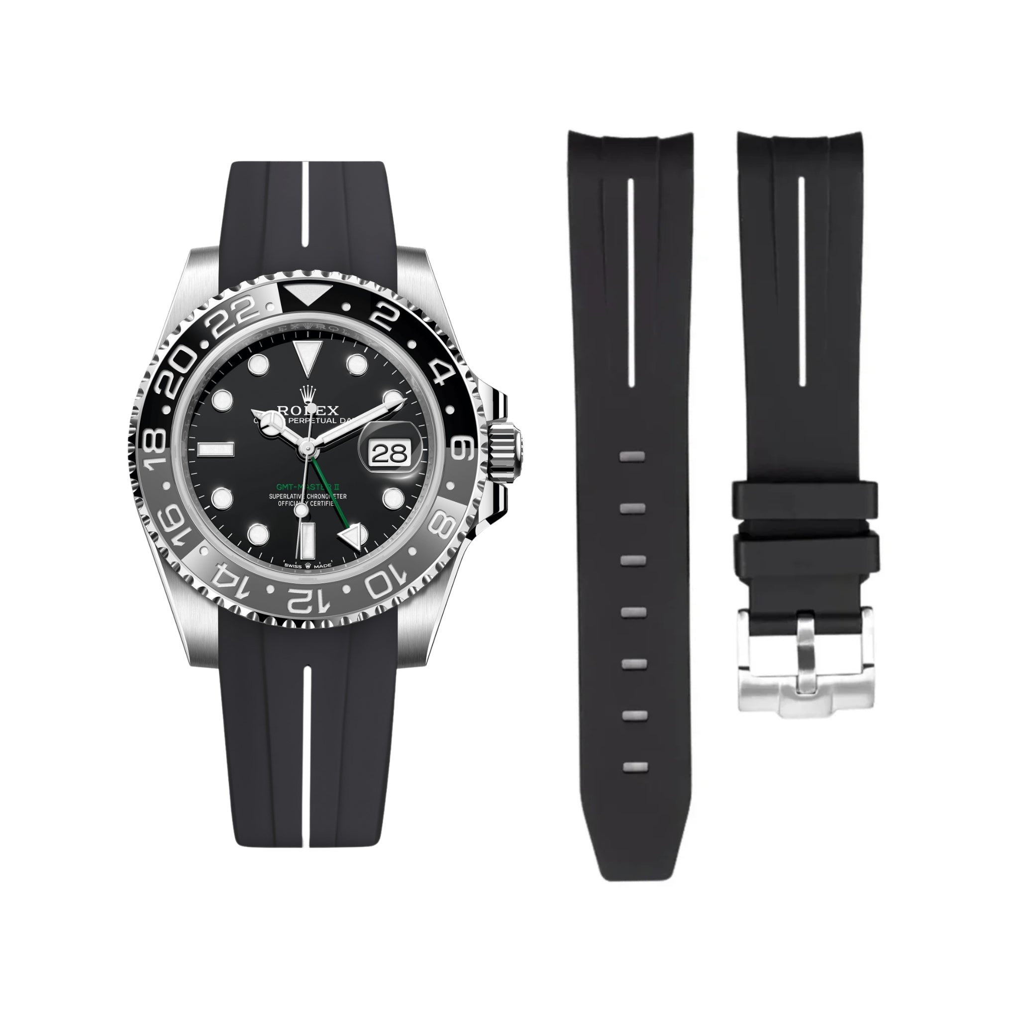 Kautschukarmband für Rolex GMT - Master II in Schwarz mit Weisser Linie | LuxLine® - Helvetus DE