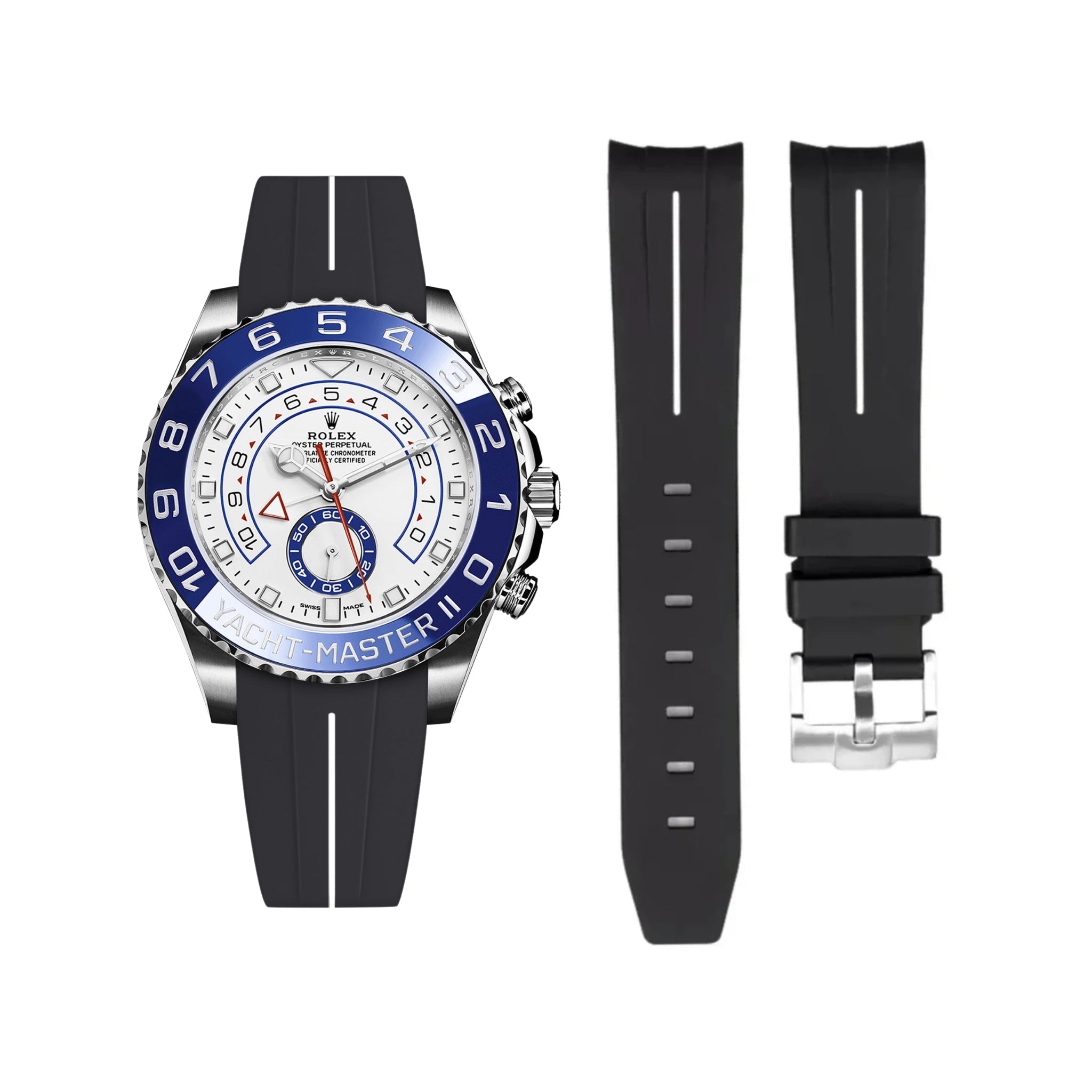 Kautschukarmband für Rolex Yacht - Master II – Schwarz/Weiss Linie | LuxLine® - Helvetus DE