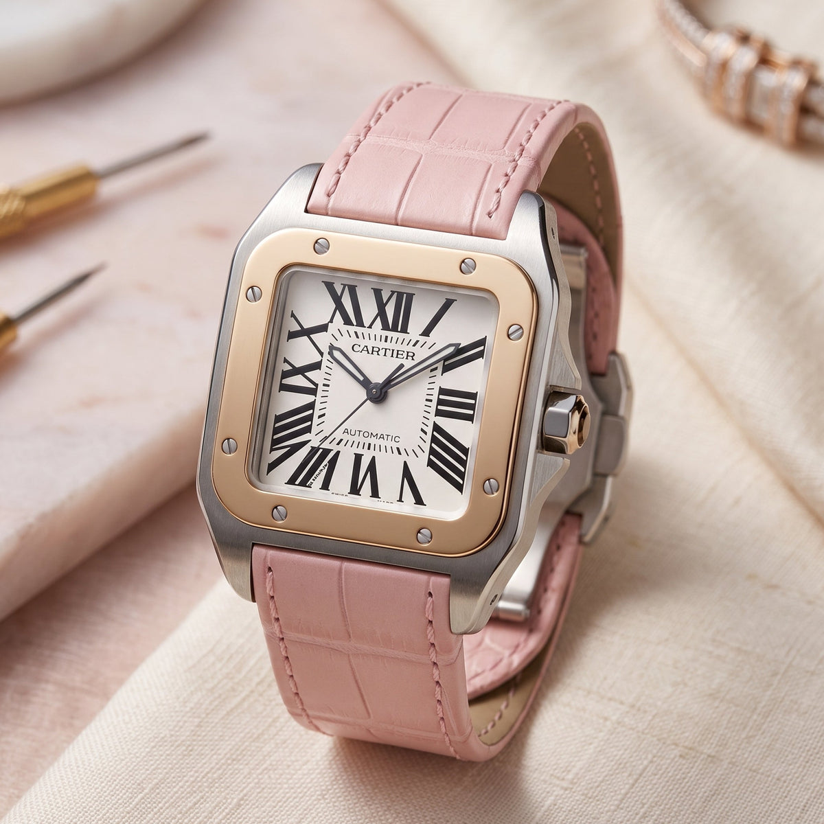 Leder Armband - für Cartier Santos 100 - Pink - Helvetus