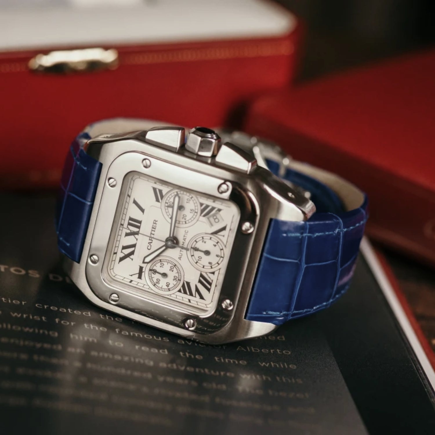 Leder Armband - für Cartier Santos 100 - Blau - Helvetus DE