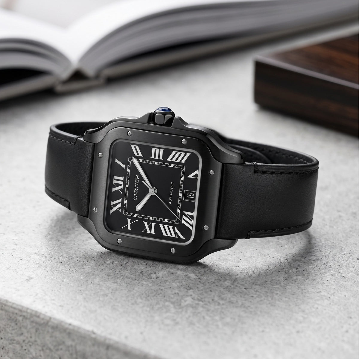 Cinturino in pelle per Cartier Santos Medium/Large – Nero piatto – Sgancio rapido