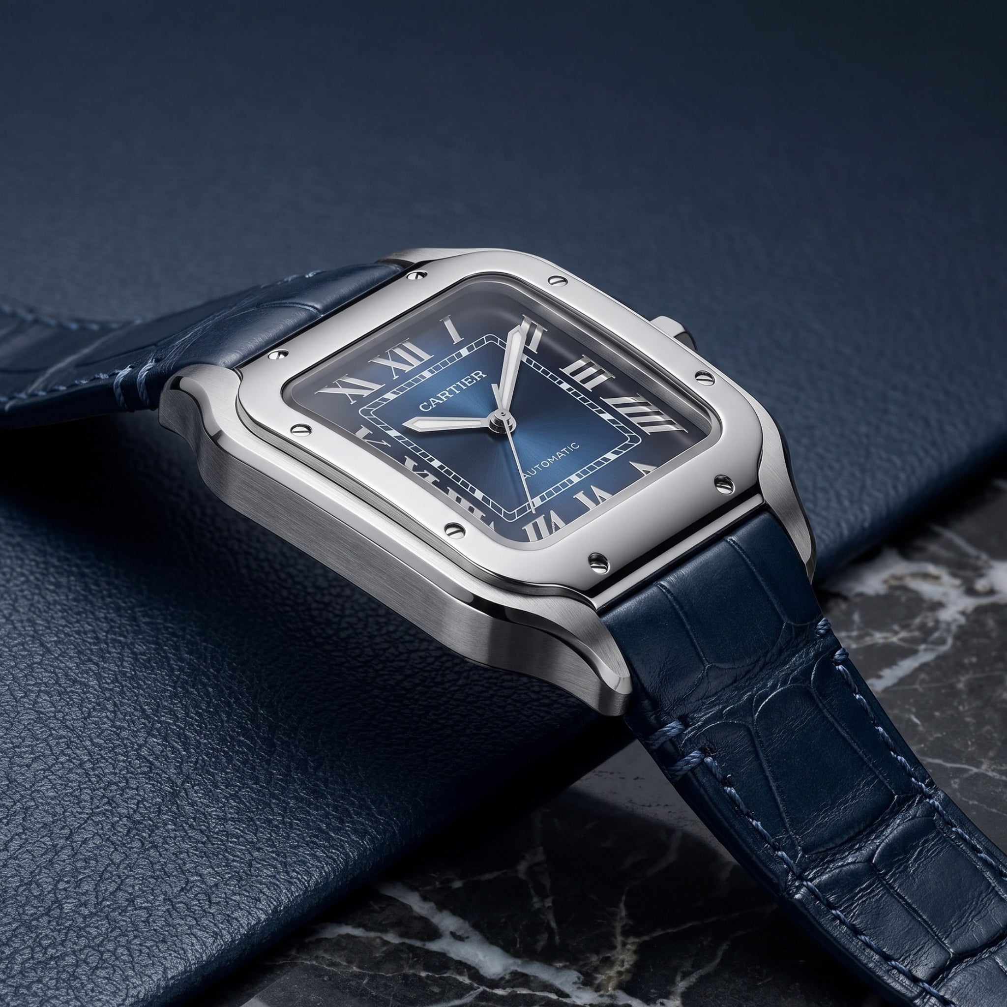 Cinturino in pelle per Cartier Santos Medium/Large – Blu – Sgancio/Cambio rapido