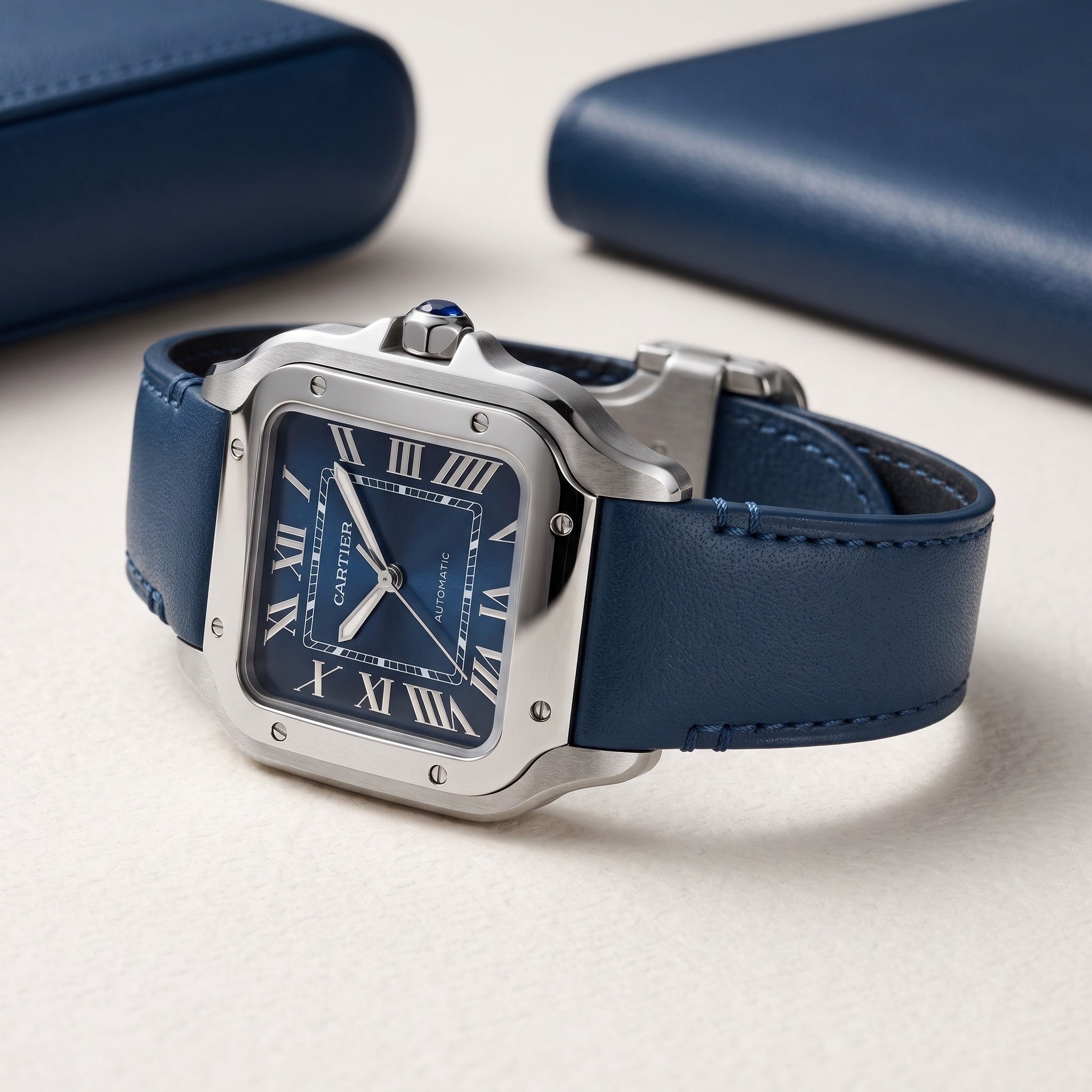 Cinturino in pelle per Cartier Santos Medium/Large – Blu piatto – Sgancio rapido