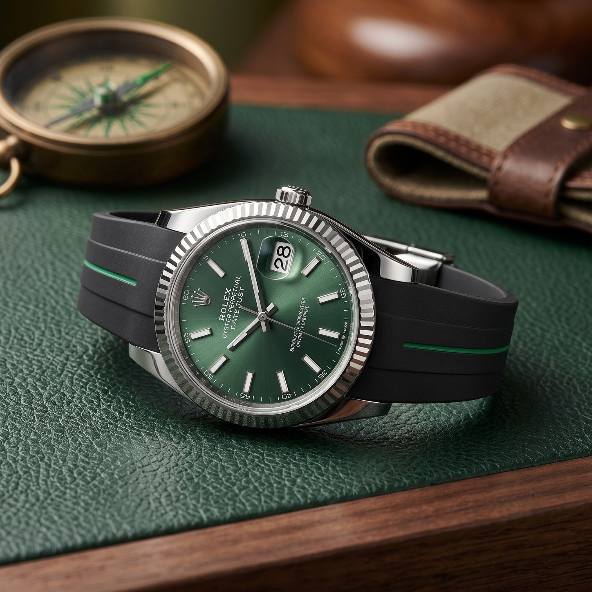 Faltschließe Kautschukarmband für Rolex Datejust 36 – LuxLine® - Schwarz/Grün - Helvetus