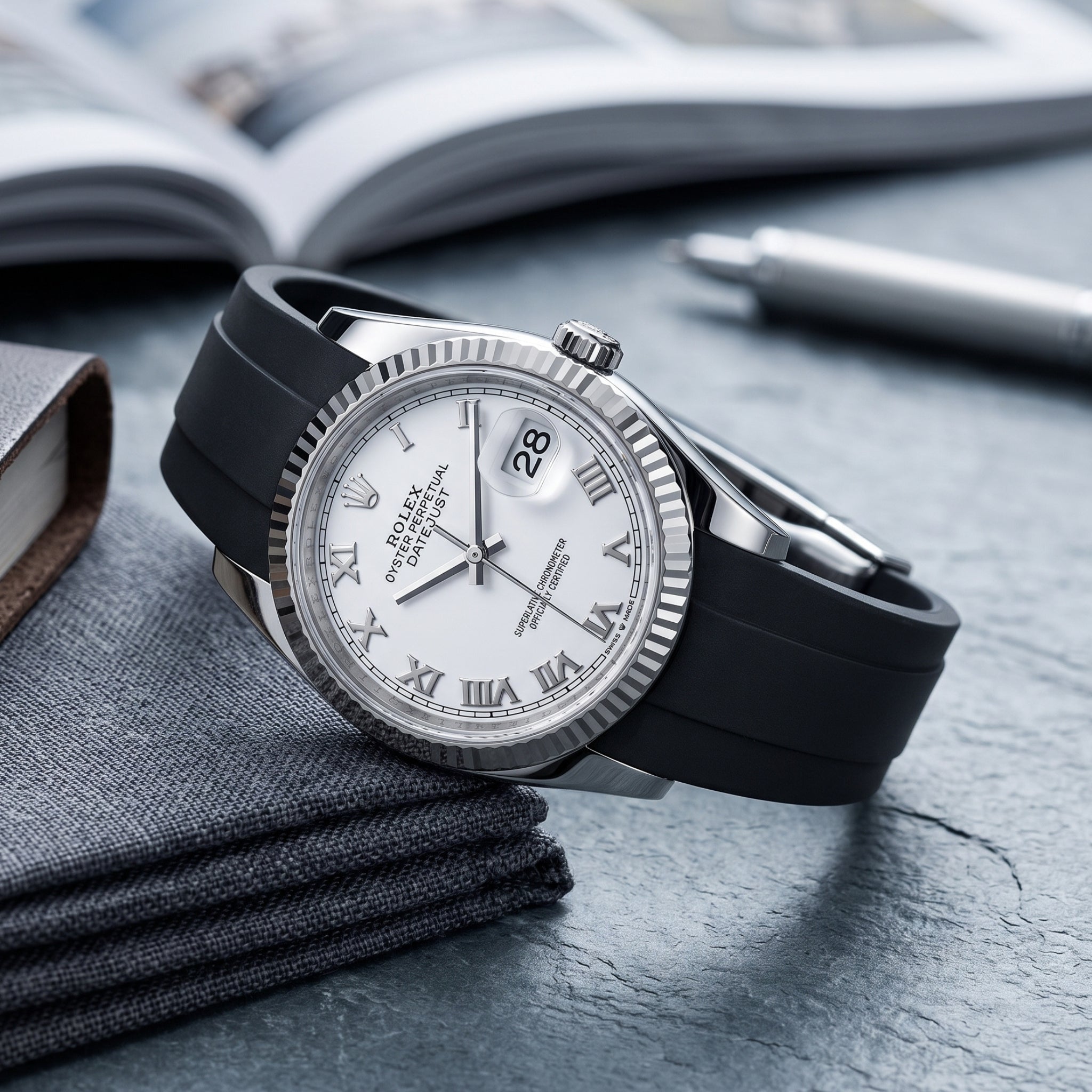 Faltschließe Kautschukarmband für Rolex Datejust 36 – Schwarz - Helvetus