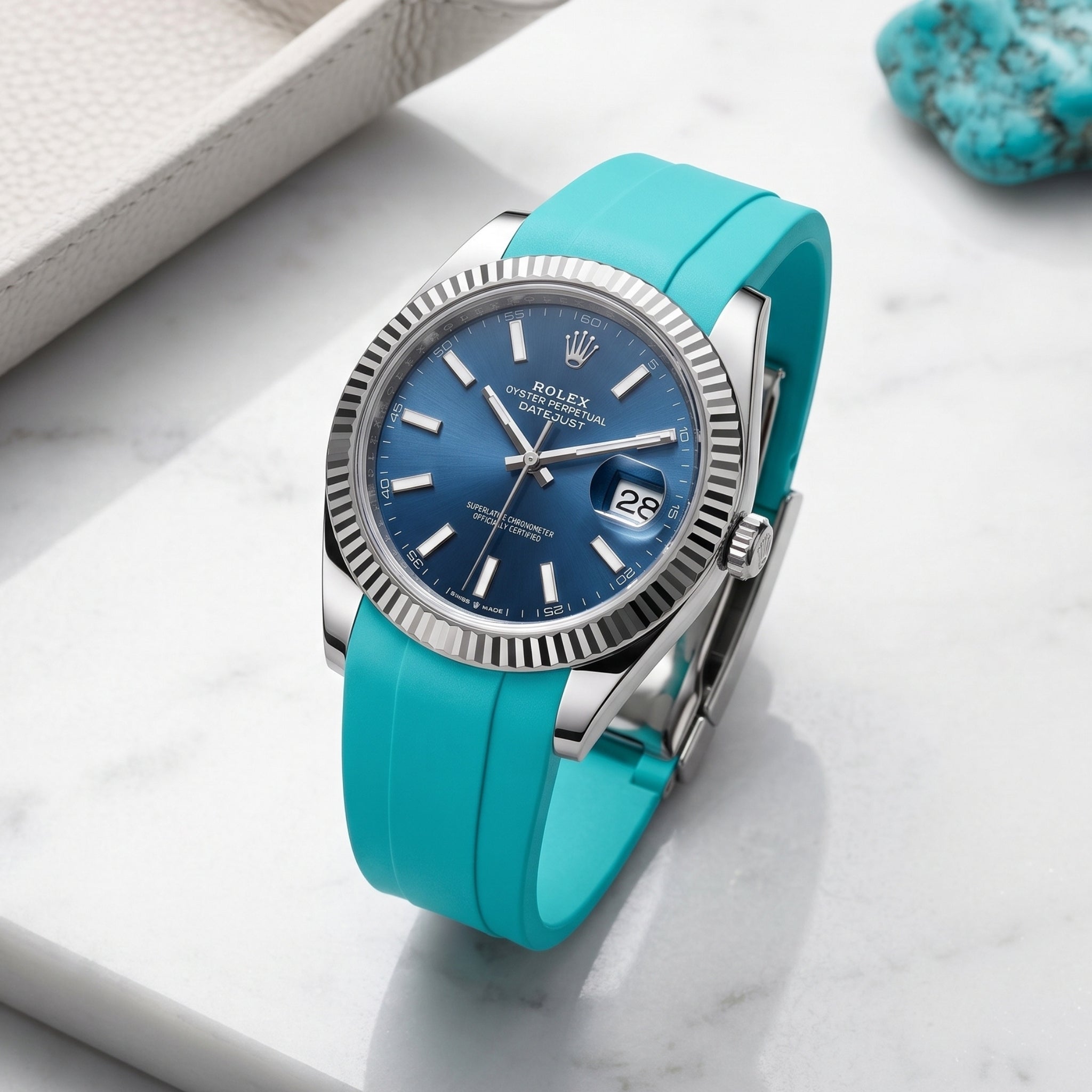 Faltschließe Kautschukarmband für Rolex Datejust 41mm – Türkis - Helvetus