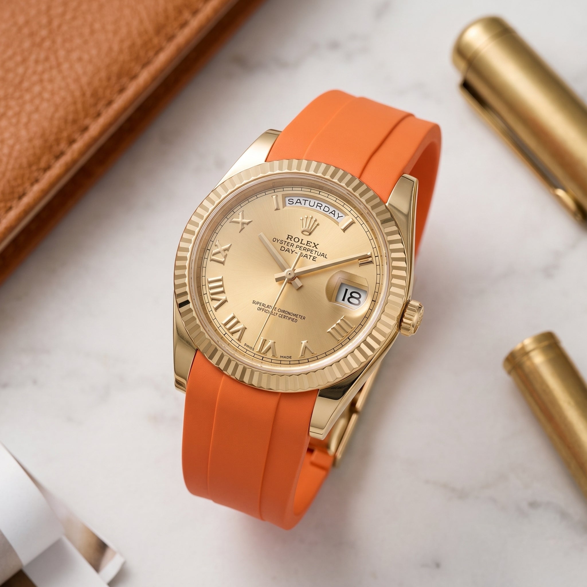 Faltschließe Kautschukarmband für Rolex Day-Date II 41mm – Orange - Helvetus