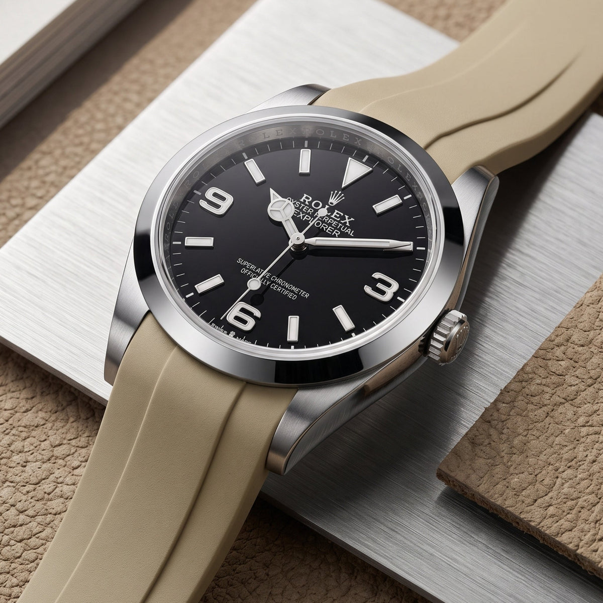 Faltschließe Kautschukarmband für Rolex Explorer I – Beige - Helvetus