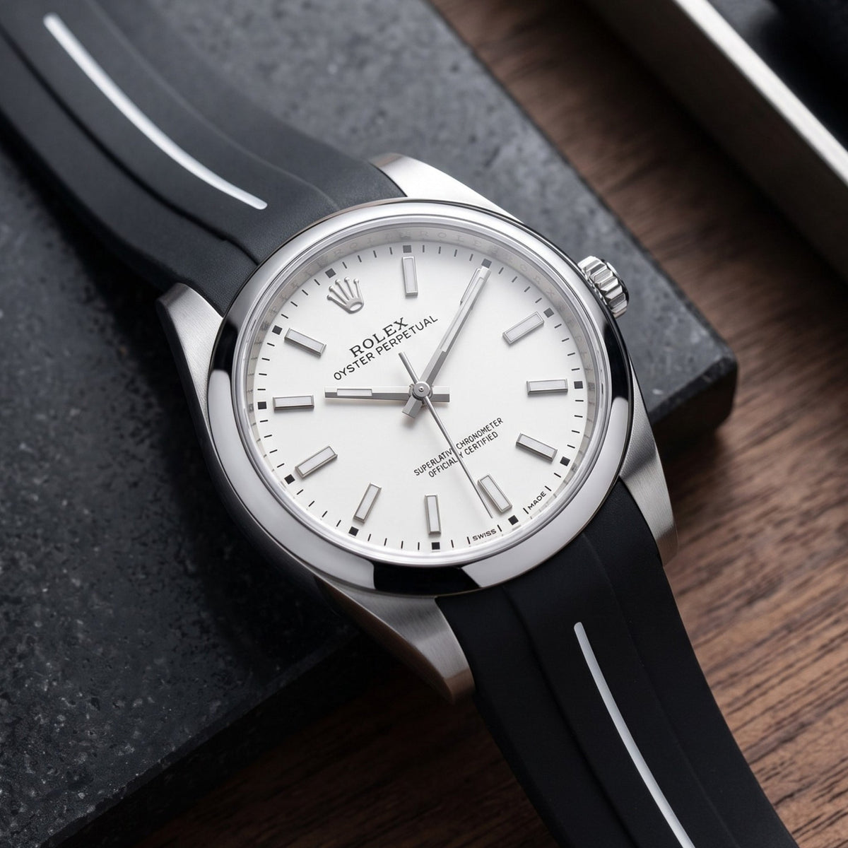 Faltschliesse Kautschukarmband für Rolex Oyster Perpetual 39mm – LuxLine® - Schwarz/Weiss - Helvetus