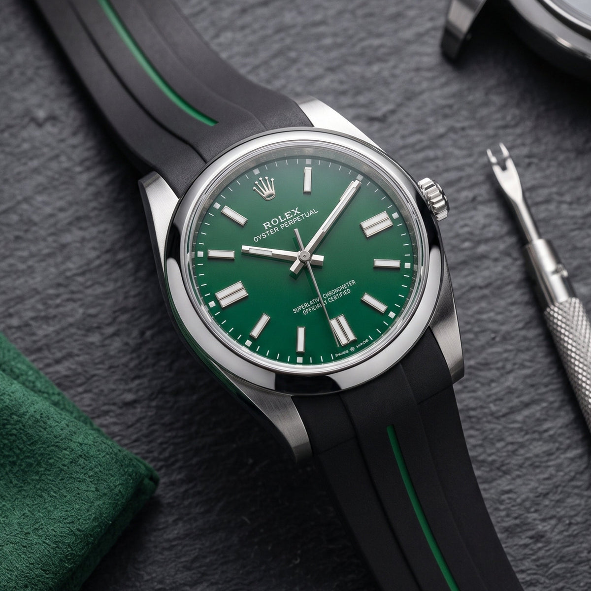 Faltschliesse Kautschukarmband für Rolex Oyster Perpetual 41 – LuxLine® - Schwarz/Grün - Helvetus