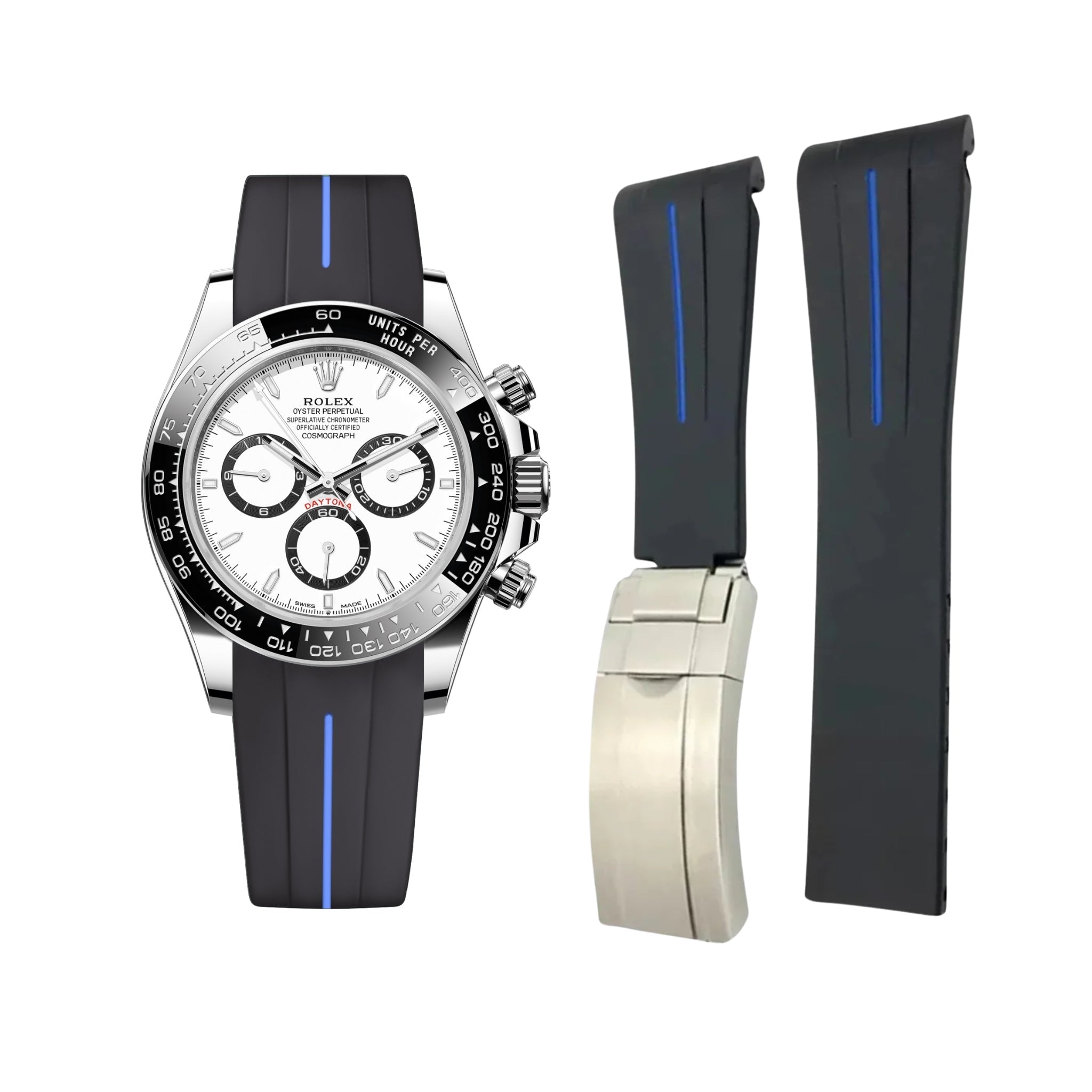 Faltschliesse Kautschukarmband für Rolex Daytona – LuxLine® - Schwarz/Blau - Helvetus DE