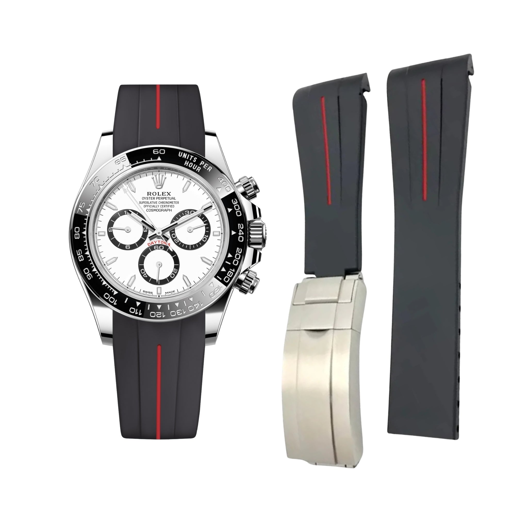 Faltschliesse Kautschukarmband für Rolex Daytona – LuxLine® - Schwarz/Rot - Helvetus DE