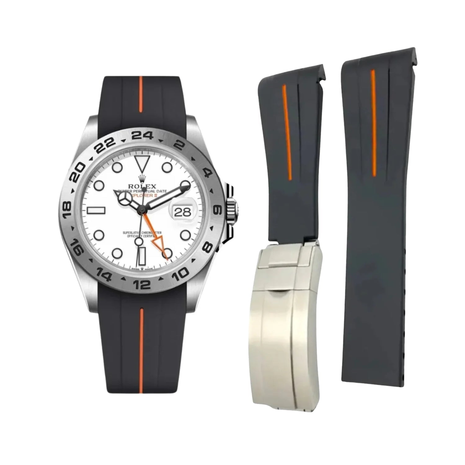 Faltschliessen Kautschukarmband für Rolex Explorer II – Schwarz/Orange Linie | LuxLine® - Helvetus DE
