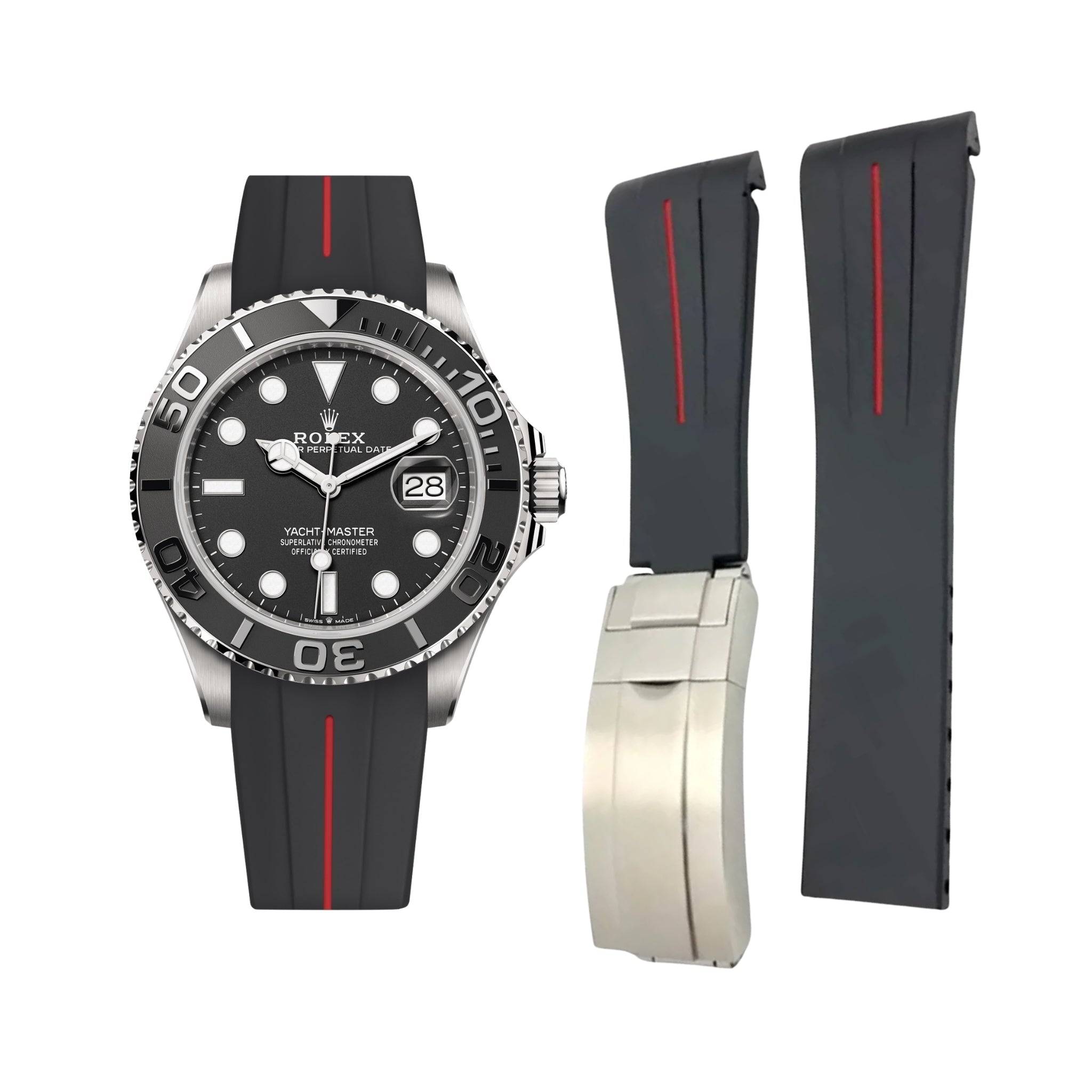 Faltschliessen Kautschukarmband für Rolex Yacht - Master 40mm/42mm – Schwarz/Rot Linie | LuxLine® - Helvetus DE
