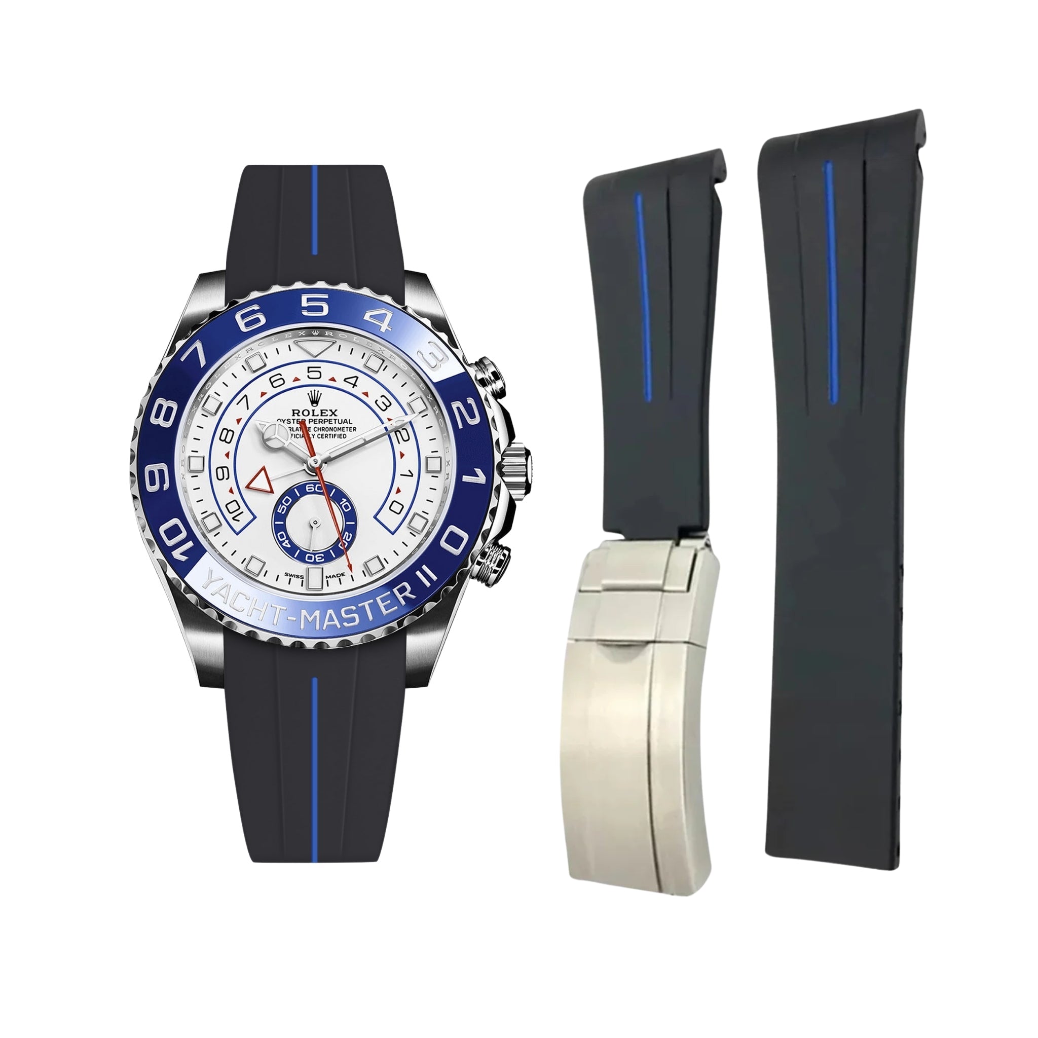 Faltschliessen Kautschukarmband für Rolex Yacht - Master II 44mm - Schwarz/Blau Linie | LuxLine® - Helvetus DE