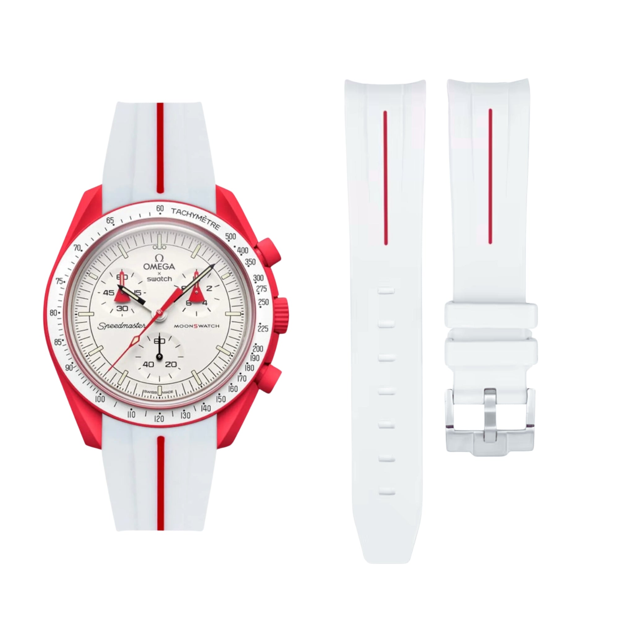 Kautschukarmband – Für Mission to Mars | Omega X Swatch | MoonSwatch – Weiß mit Roter Linie - Helvetus DE