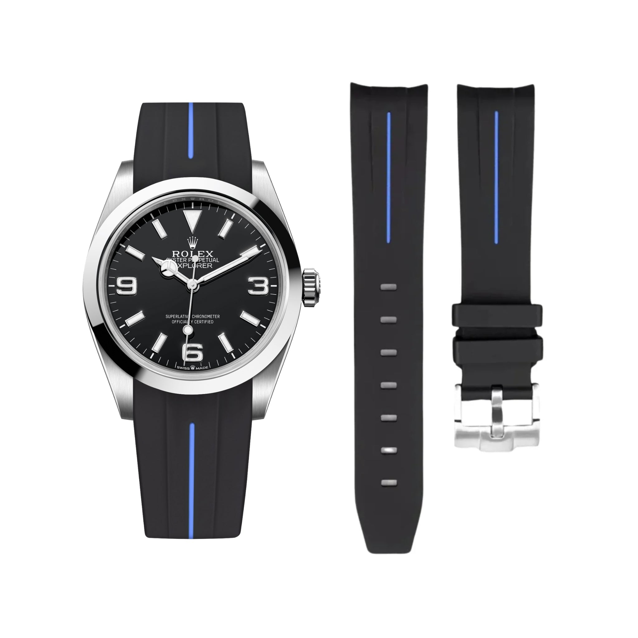Kautschukarmband für Rolex Explorer I – Schwarz mit Blauer Linie | LuxLine® - Helvetus DE