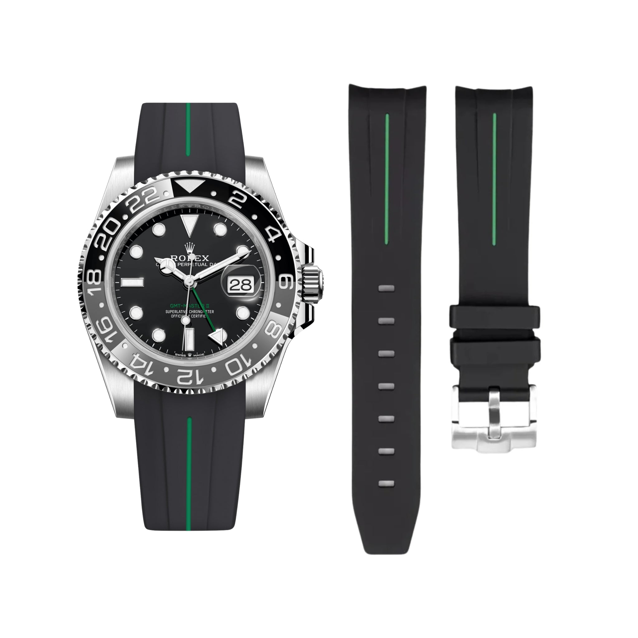 Kautschukarmband für Rolex GMT - Master II in Schwarz mit Grüner Linie | LuxLine® - Helvetus DE