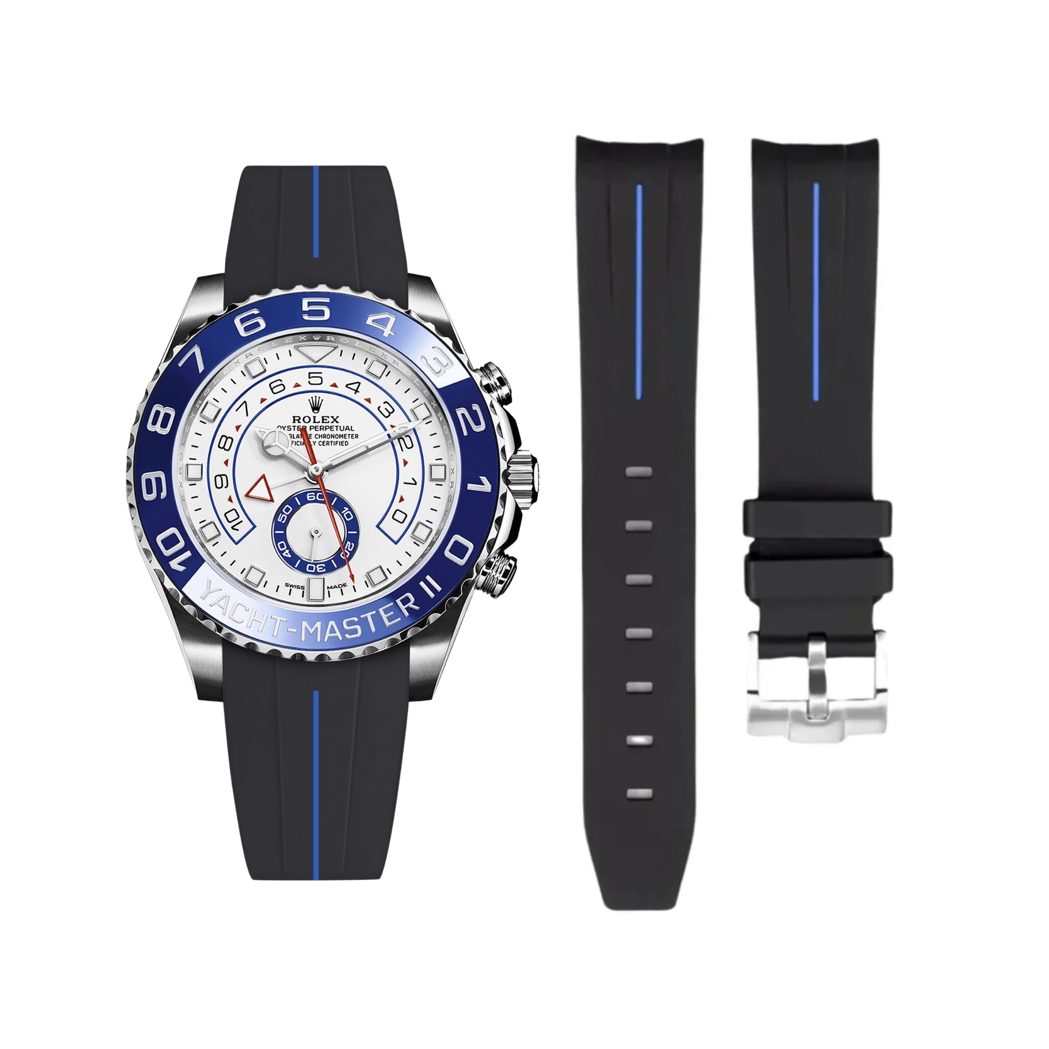 Kautschukarmband für Rolex Yacht - Master II – Schwarz/Blau Linie | LuxLine® - Helvetus DE