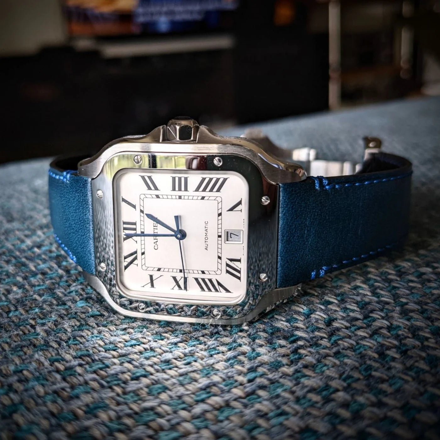Leder Armband für Cartier Santos Medium/Large – Flach Blau – Quick Switch/Release - Helvetus DE